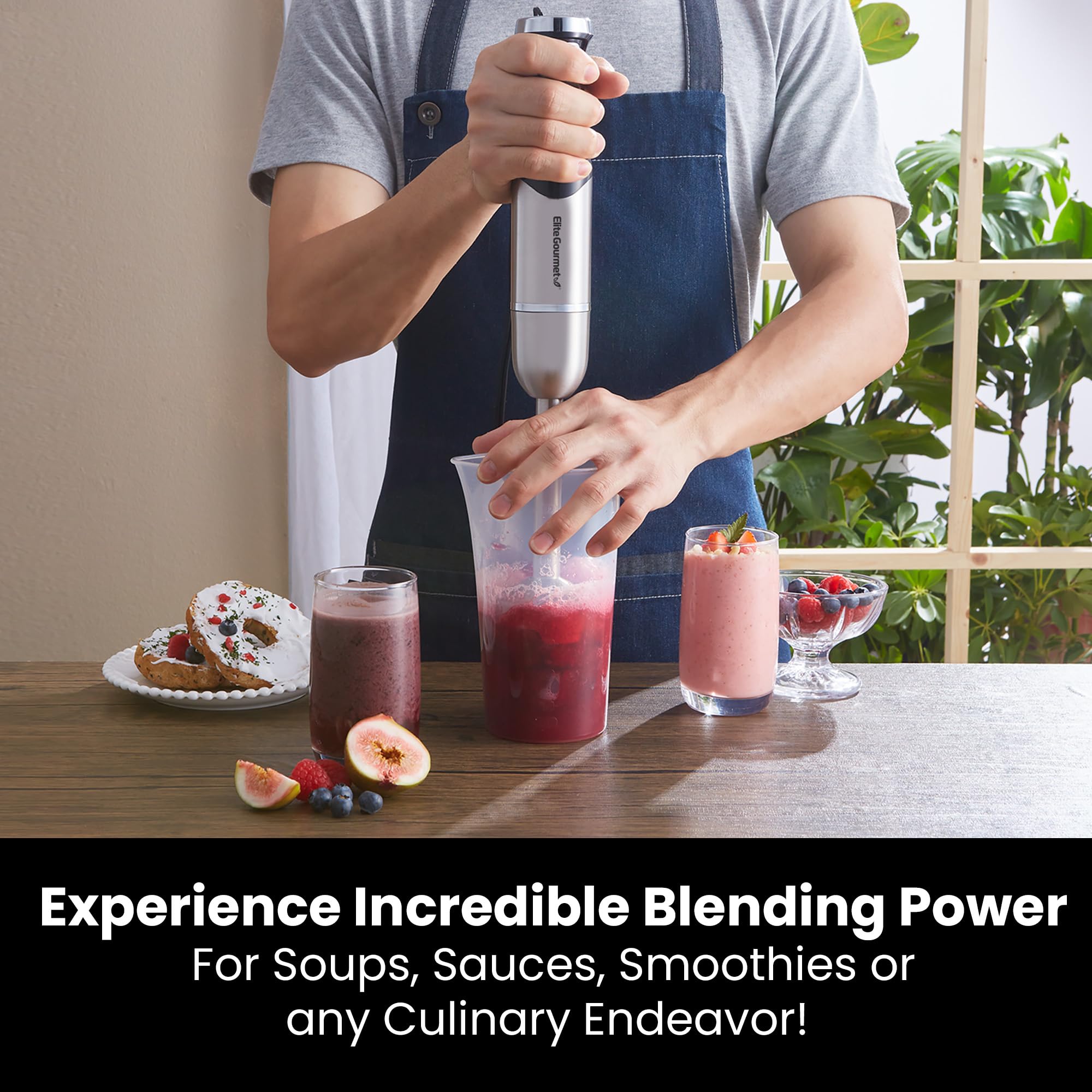 Elite Gourmet EHB1062 500W Variable Speed Immersion Hand Blender with Turbo Function & Stainless Steel Blades - Perfect for Making Smoothies, Soups, Sauces, Baby Food, and More in Your Kitchen