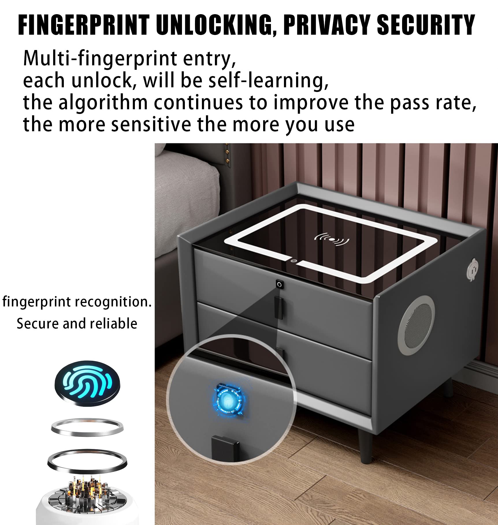 Smart Bedside Table with Wireless Charger, Fingerprint Lock & LED Lights - 3-Drawer Modern Nightstand with Bluetooth Speakers & USB Ports for Bedroom, Living Room - Pink