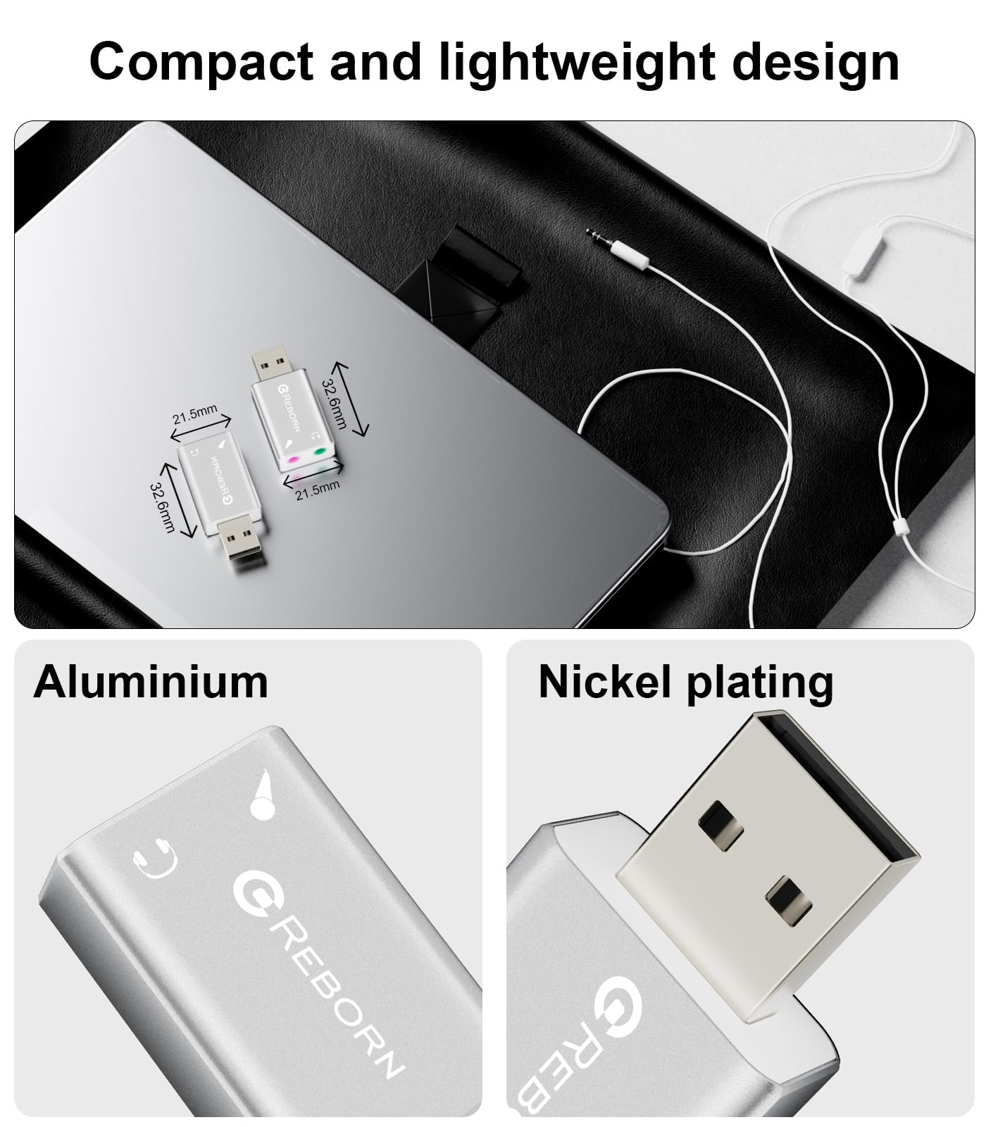 Reborn USB External Stereo Sound Audio Adapter with 3.5mm Universal Jack (Headphone/Microphone) - Plug & Play for Windows, Mac, Linux, PC Laptops - Alloy Construction - 1 Pack - Perfect for Gaming, Video Calls & Music Streaming