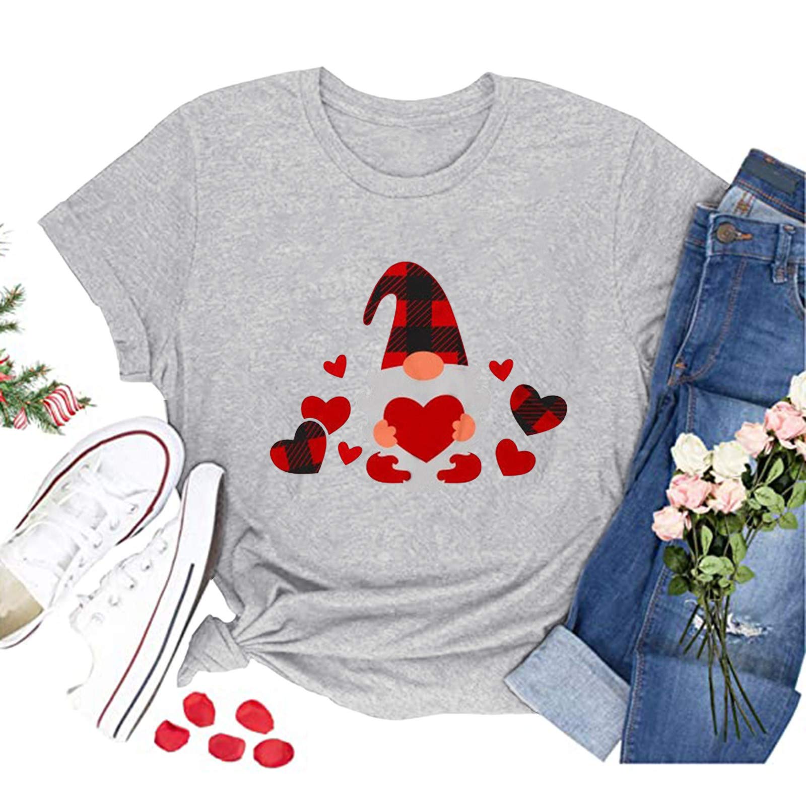 Women's Long Sleeve & Short Sleeve T-Shirts - Comfortable Crew Neck Casual Tops for Everyday Wear | Cute Dwarf Print Blouse for Office & Outfits | Heart Graphic Tee in Gray