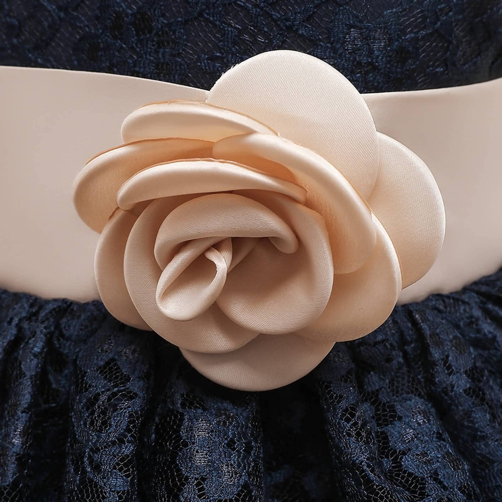 Gualiy Girls Navy Blue Lace Puffy Dress with Flower & Tie Waist - Birthday Party Gown for Ages 4-10 Years | Perfect for Special Occasions, Photoshoots & Formal Events
