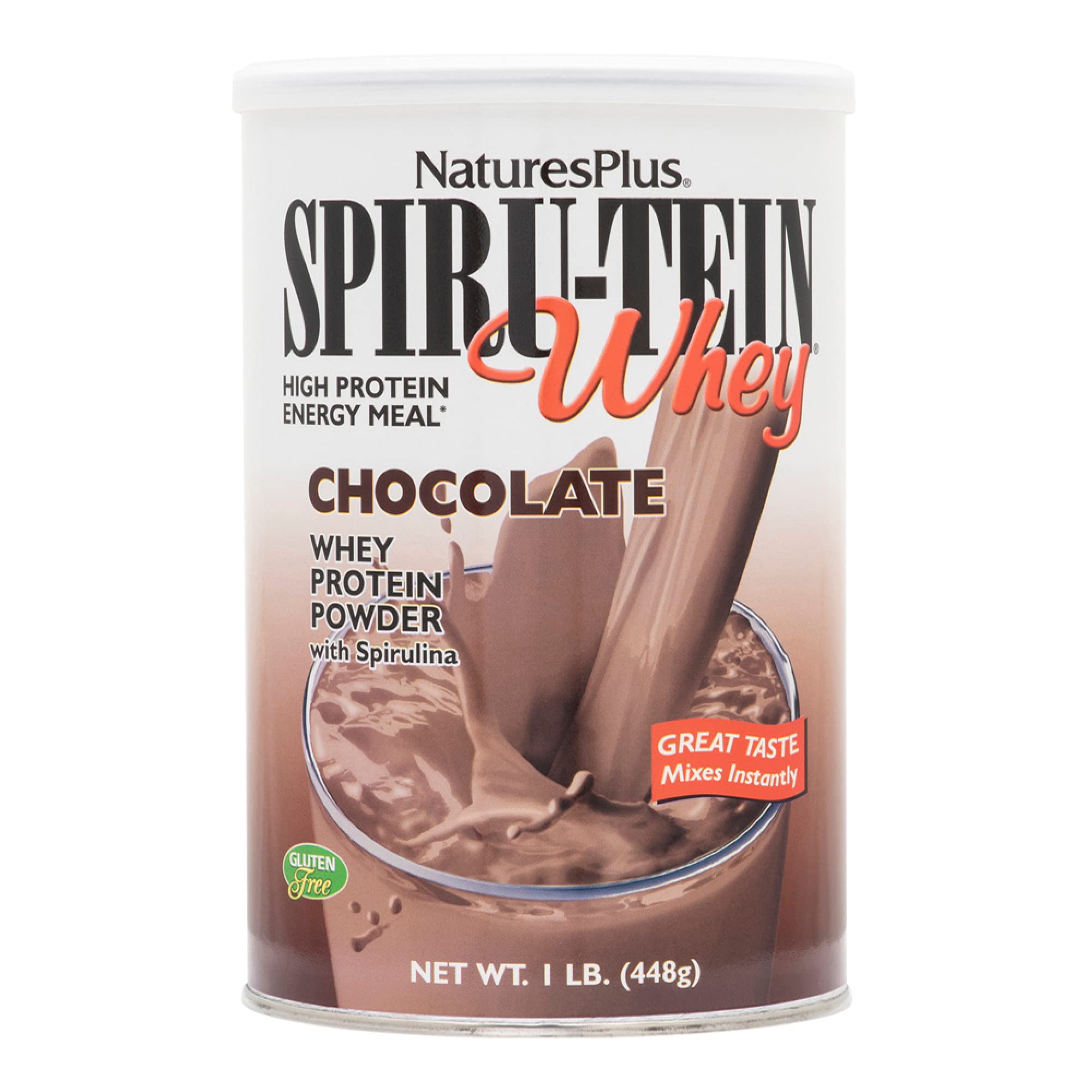 NaturesPlus SPIRU-TEIN Whey Protein Shake Powder - Chocolate Flavor (1 lb) | Vegetarian & Gluten-Free Meal Replacement with Spirulina, Vitamins & Minerals for Energy Boost | 14 Servings - Perfect for Post-Workout Recovery & Healthy Weight Management