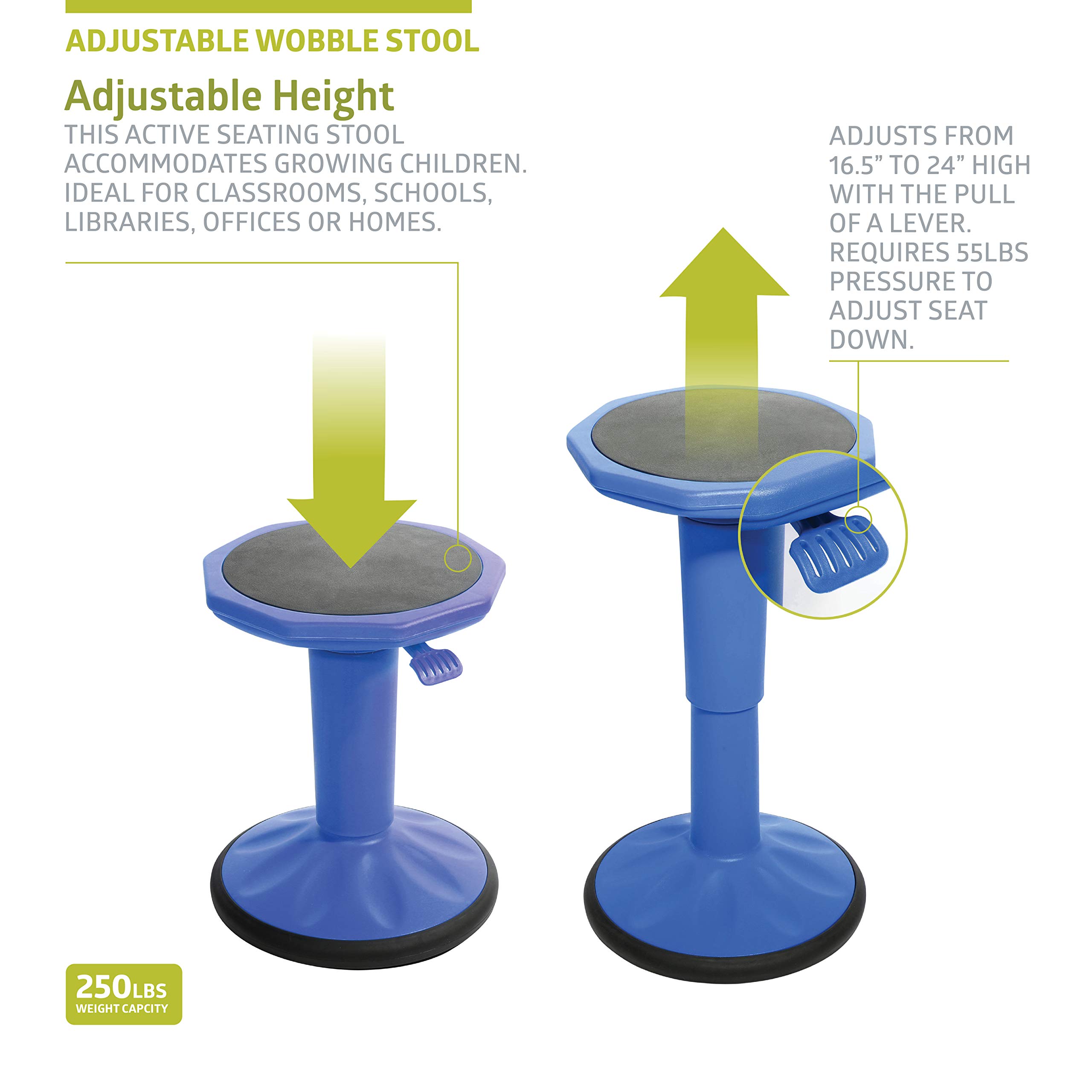 Pearington SitFree Height Adjustable Wobble Stool - Active Flexible Seating Chair for Kids & Adults - Ergonomic Office & School Chair - Blue - Perfect for Home Office, Classroom & Standing Desk Work
