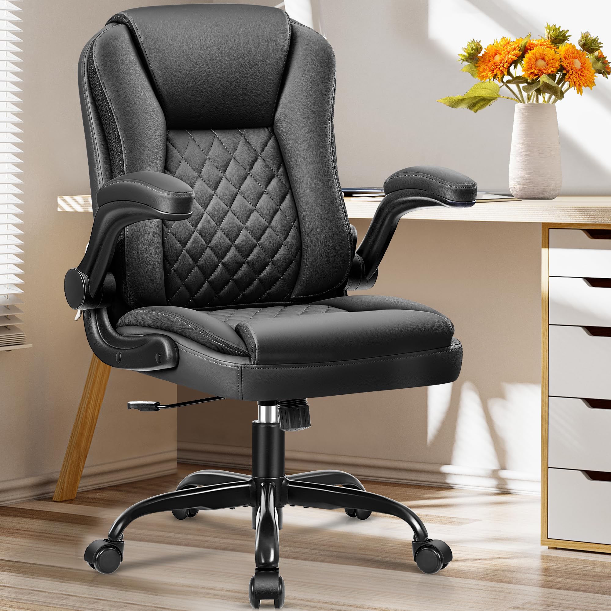 Premium Ergonomic Leather Executive Office Chair with Lumbar Support, Swivel & Wheels - Adjustable Flip-Up Armrests Black for Home Office, Computer Desk & Workspace Comfort