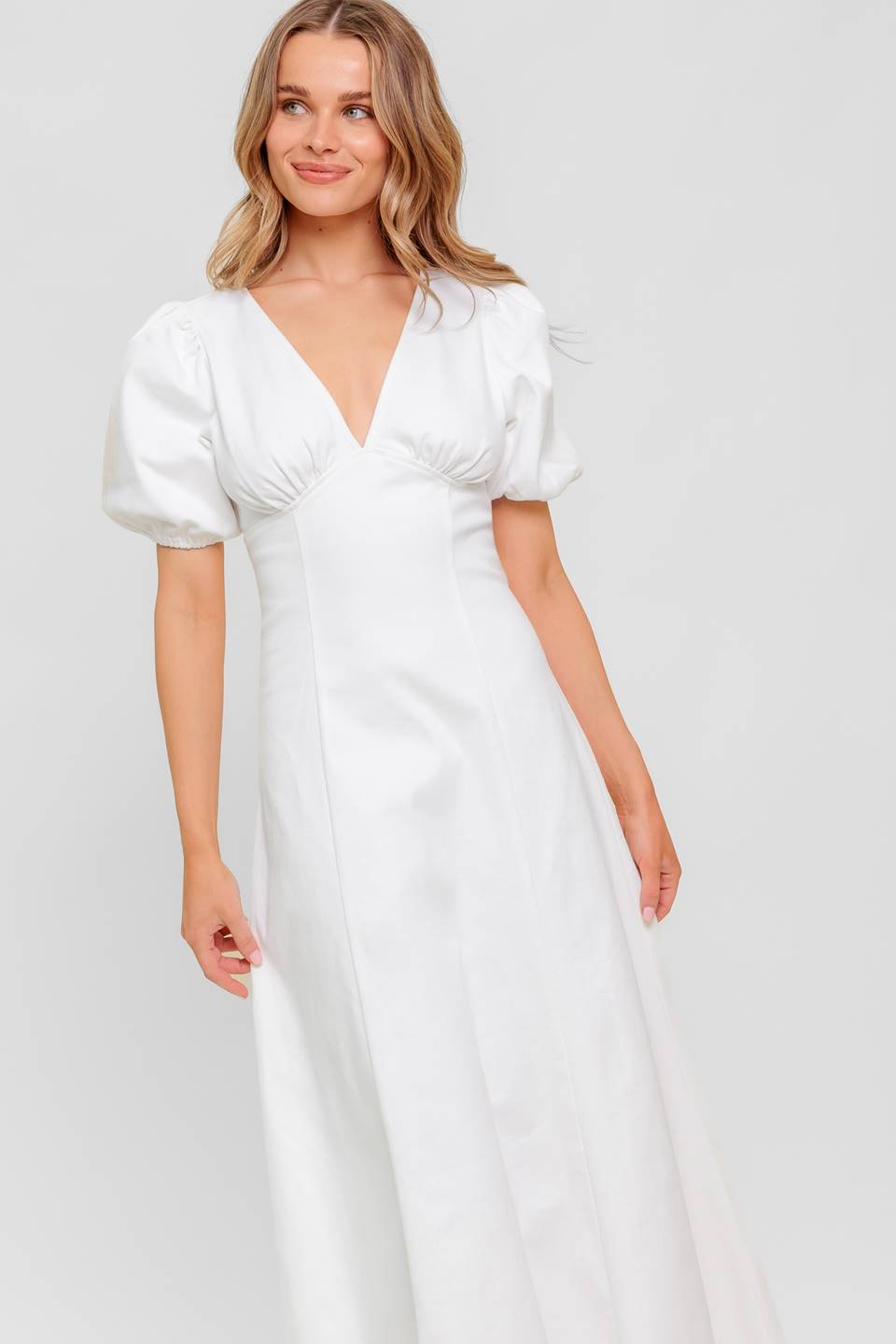 Glenda Midi Dress - White Denim Women's Casual Summer Dress for Beach, Party & Everyday Wear
