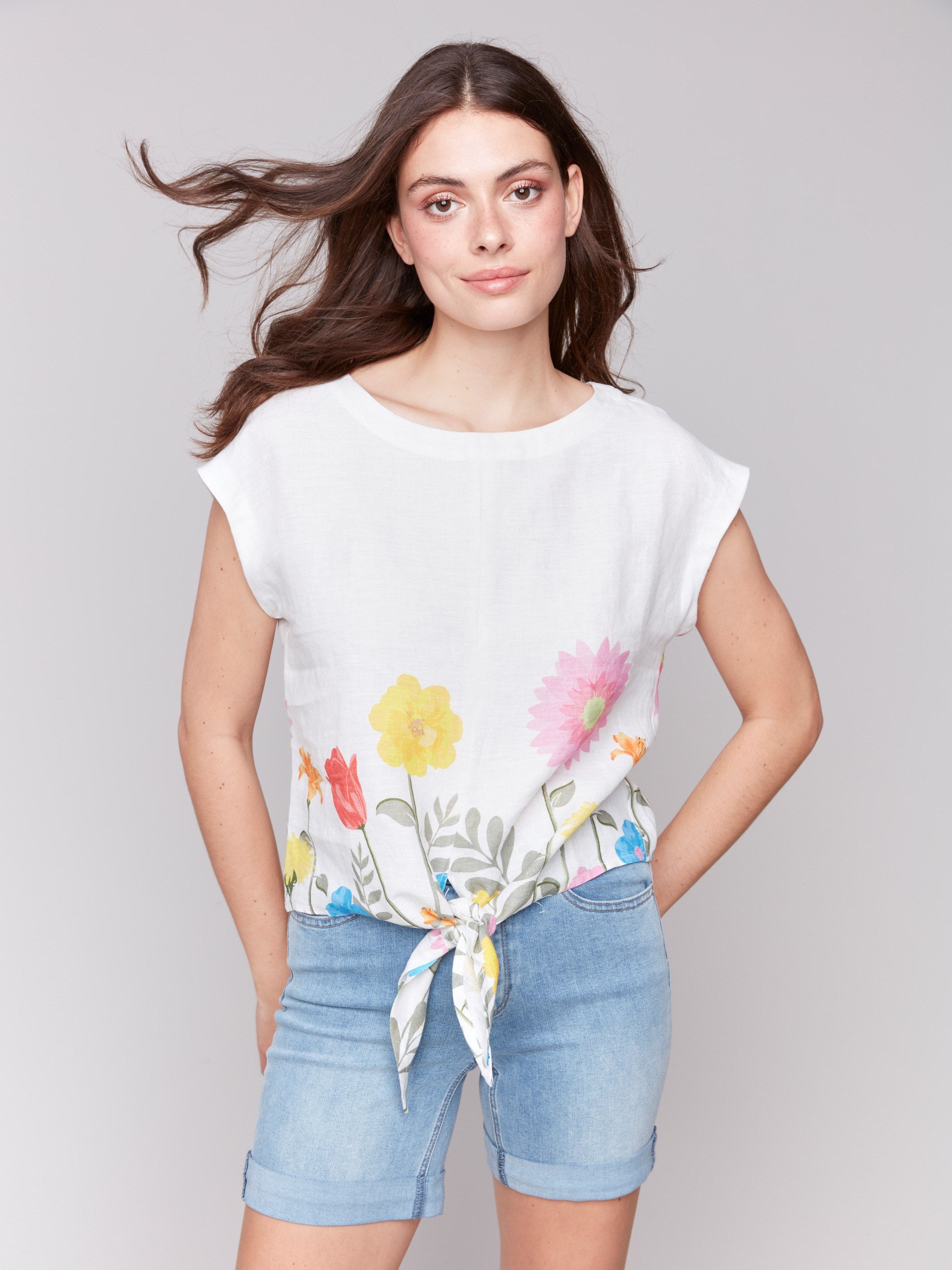 Printed Linen Blend Tie Front Blouse for Women | Summer Short Sleeve Tops | Casual Office Wear & Beach Outfits