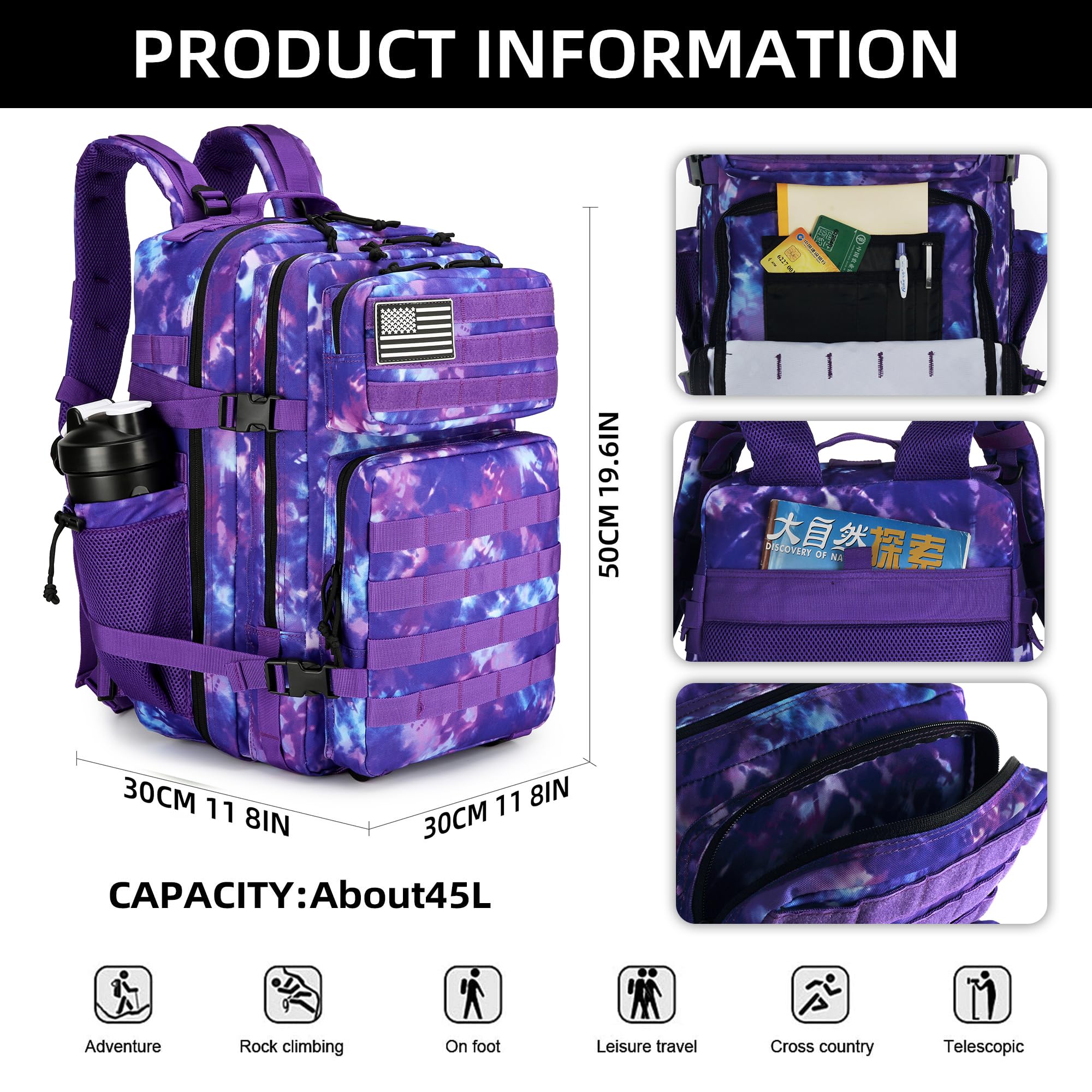 45L Tactical Assault Backpack - 3 Day Military Molle Rucksack with Waterproof Design | Durable Combat Pack for Hiking, Camping & Outdoor Adventures (Purple Camouflage)