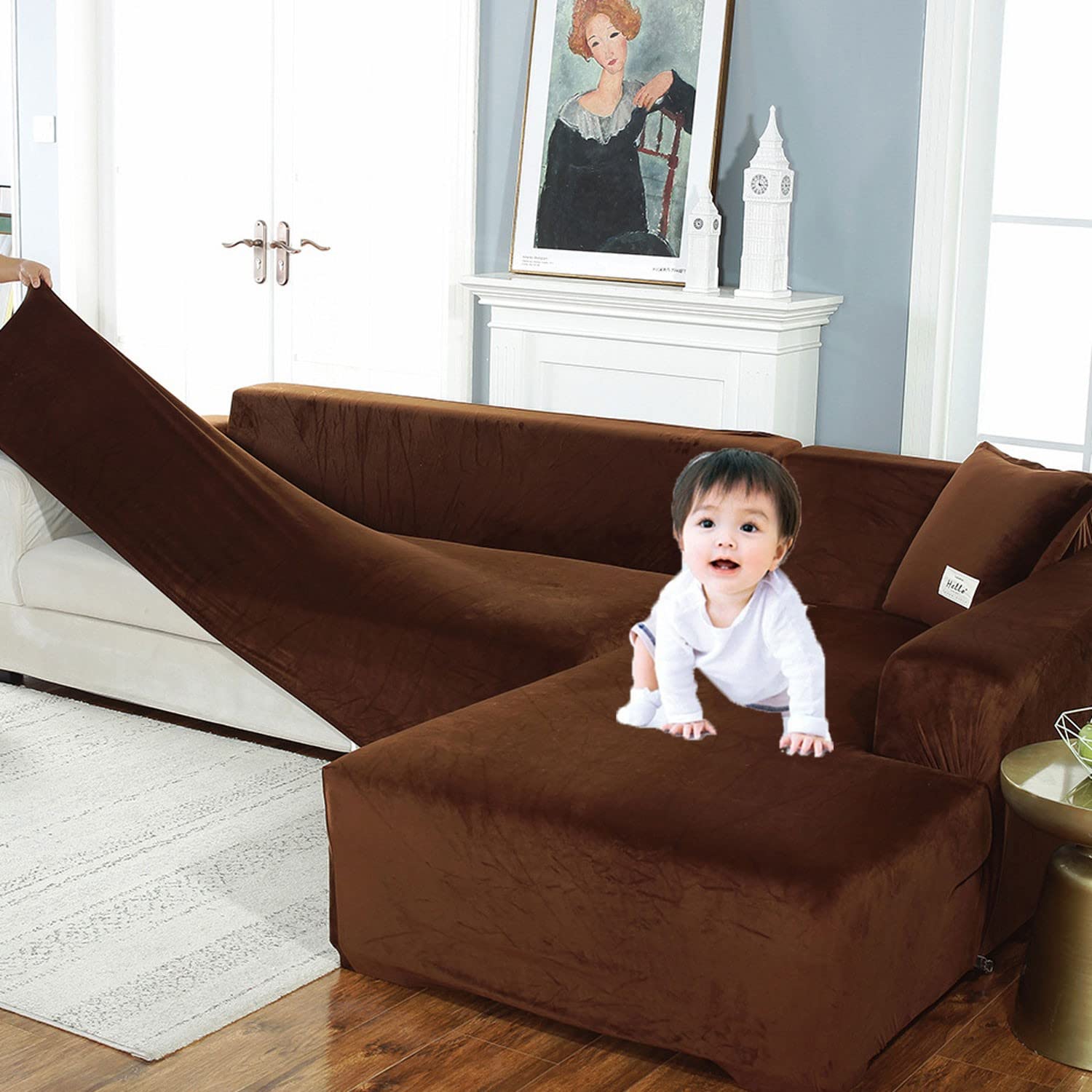 Stretch L-Shaped Sectional Sofa Slipcover - 3 Cushion Couch Cover for Living Room, Chaise Lounge Protector (Coffee, 4+5 Seat) - Pet & Kid Friendly Furniture Protector for Dogs & Kids - Perfect for Family Homes & Pet Owners