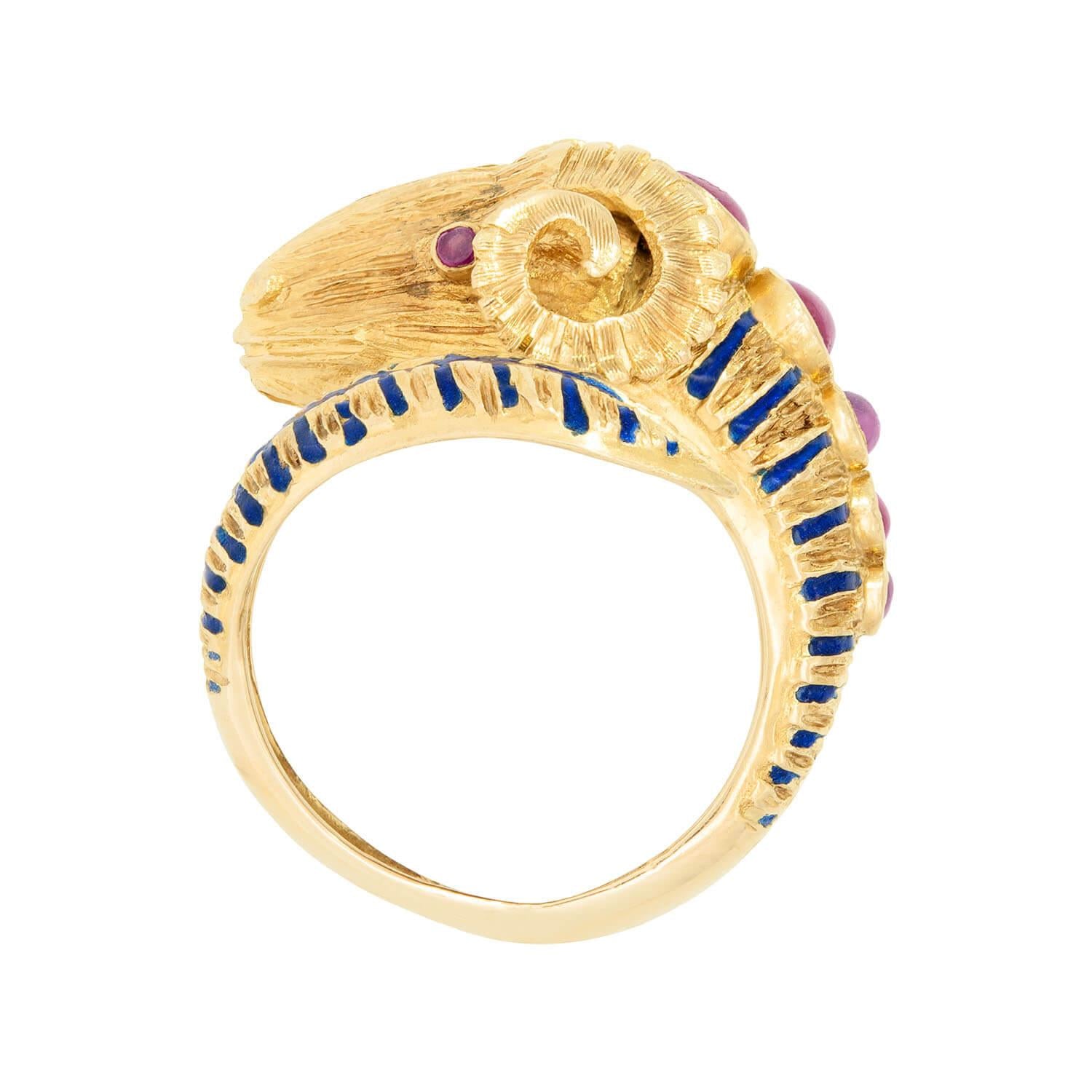 18K Gold Greek Estate Ruby & Enamel Ram's Head Ring - Vintage Jewelry for Women, Unique Statement Piece for Parties & Special Occasions
