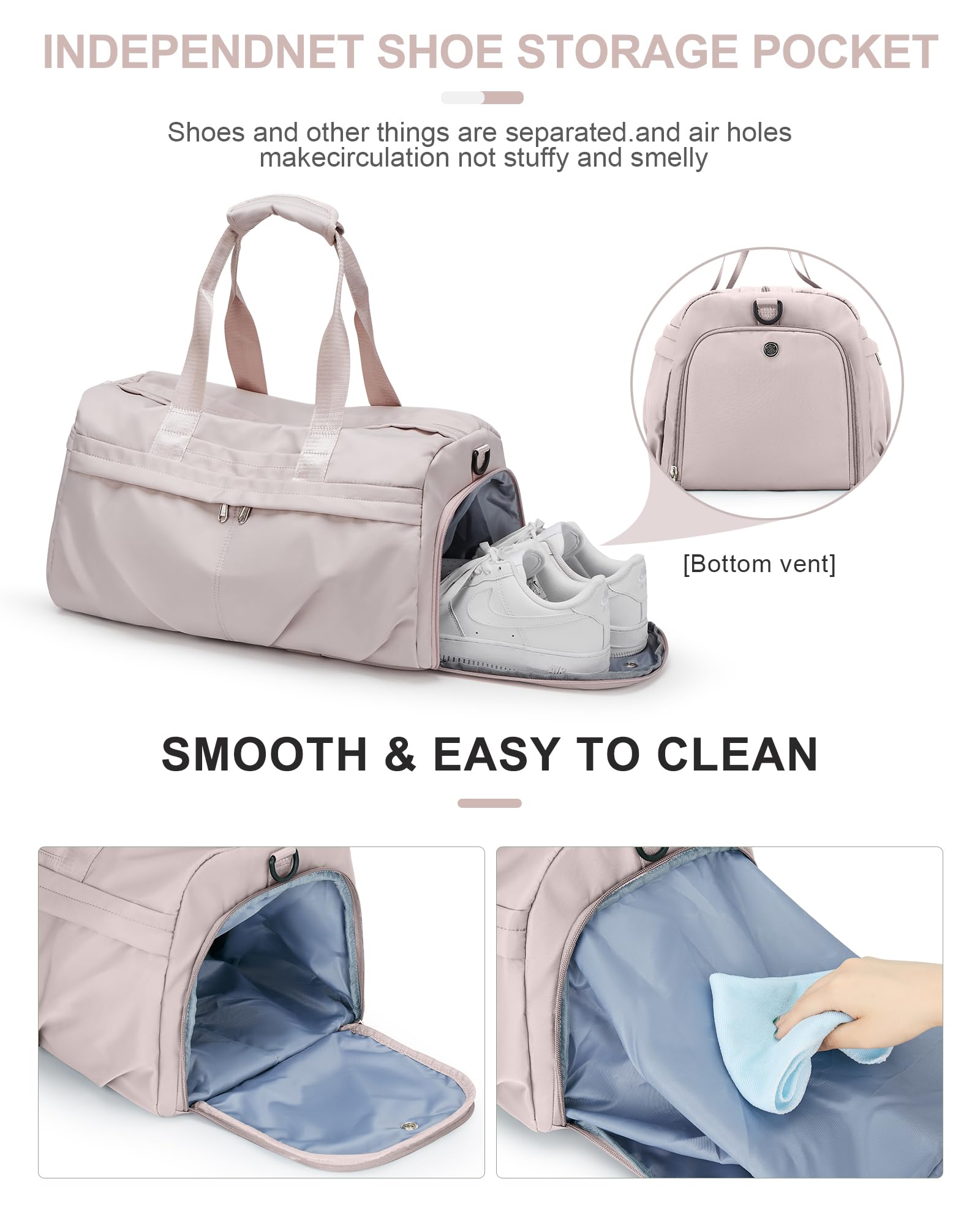 Women's Gym Duffle Bag with Shoe Compartment & Yoga Mat Holder - Light Pink Sports Workout Bag for Yoga, Fitness, Travel & Weekend Getaways
