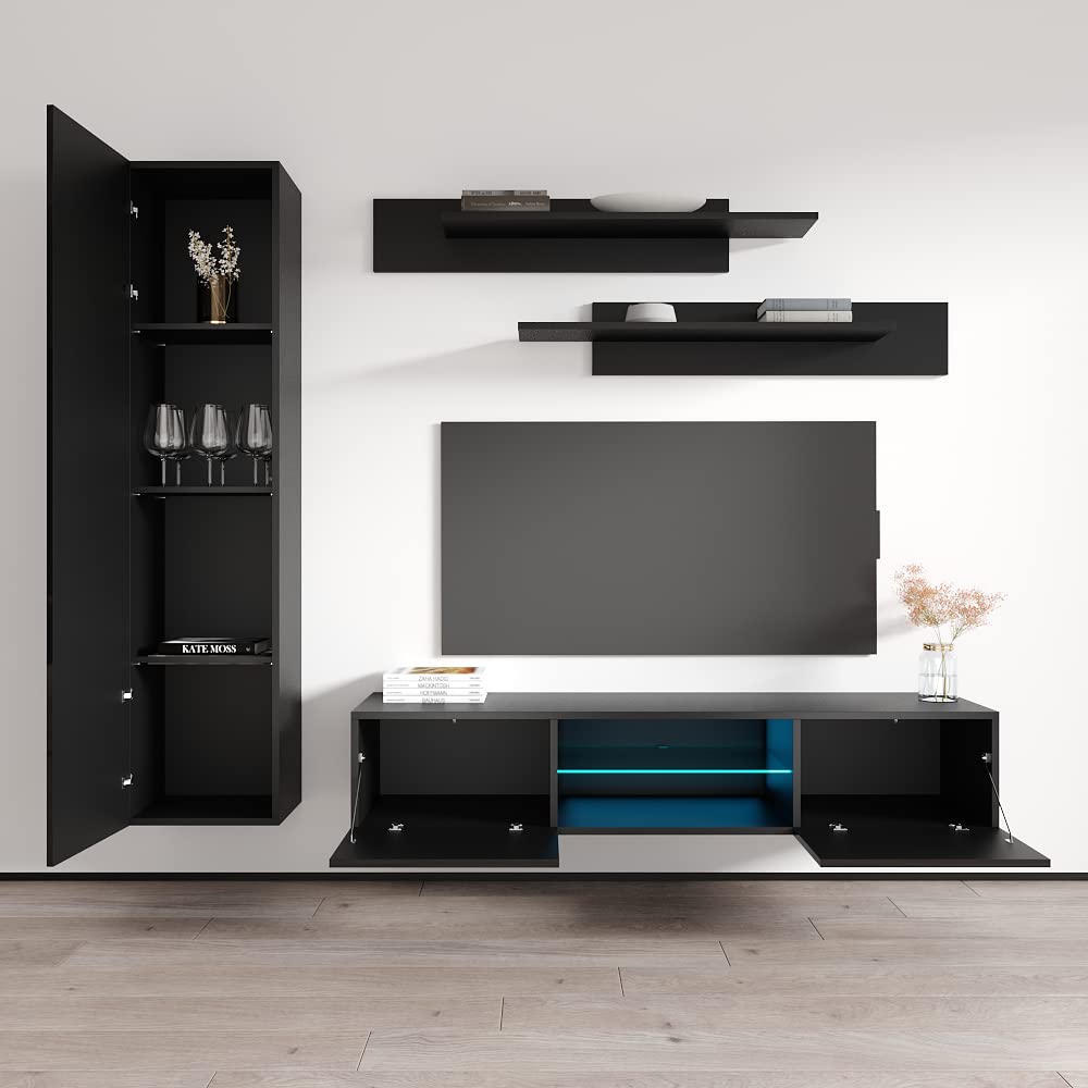 Modern Floating TV Stand with Storage & LED Lights - Wall-Mounted Entertainment Center for Bedroom & Living Room - 33 Inch TV Console with Shelves - Black - Perfect for Small Spaces & Home Theater Setup