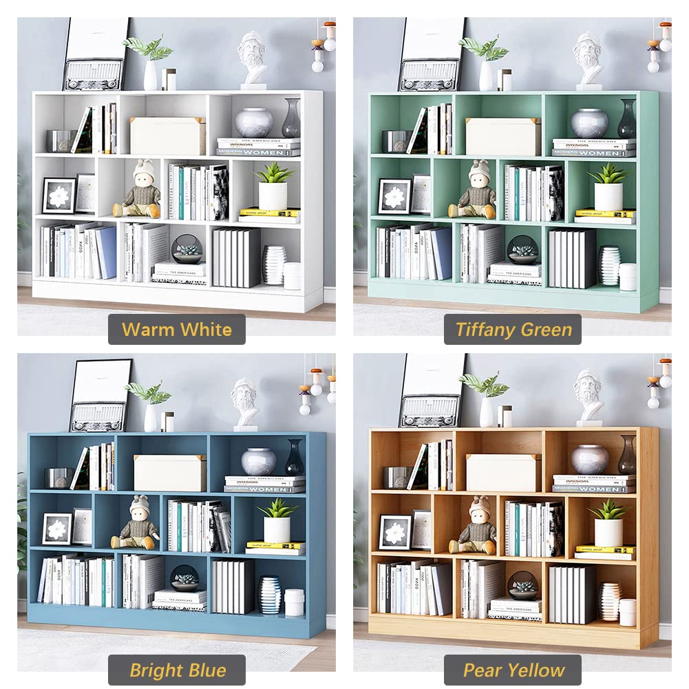 IOTXY 3-Tier Open Shelf Bookcase - Wooden Short Horizontal Bookshelf with 10 Cubes, Floor Standing Display Cabinet Organizer with Base in Pear Yellow - Perfect for Living Room, Bedroom, Office & Kids Room Storage