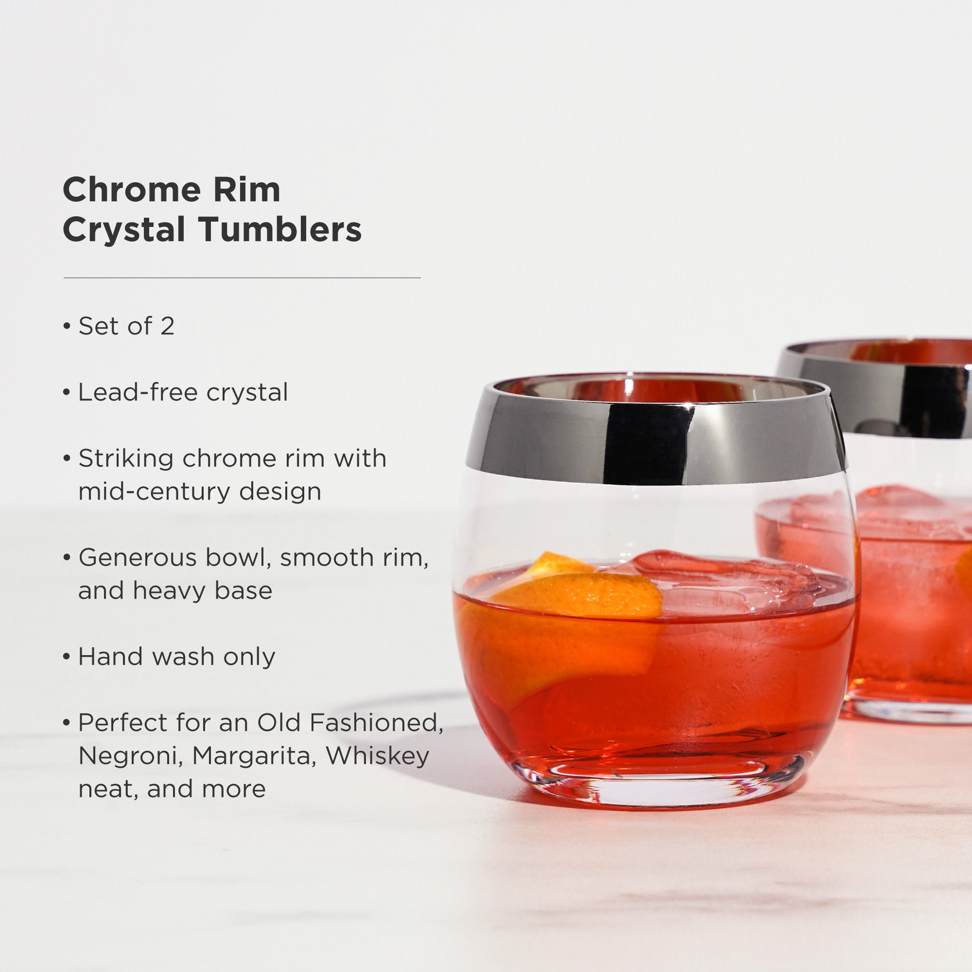 Premium Irving Chrome Rimmed Crystal Tumblers Set of 2 - Elegant Drinking Glasses for Cocktails, Whiskey & Wine - Perfect for Home Bar, Dinner Parties & Wedding Gifts