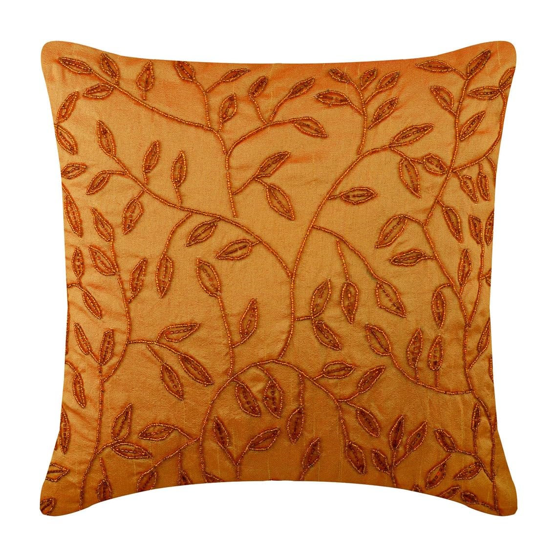 HomeCentric 22x22 Inch (55x55 cm) Orange Beaded Leaf Tropical Theme Cushion Covers - Art Silk Square Pillowcases for Sofa, Couch & Bed - Floral Citrus Design for Living Room, Bedroom & Home Decor