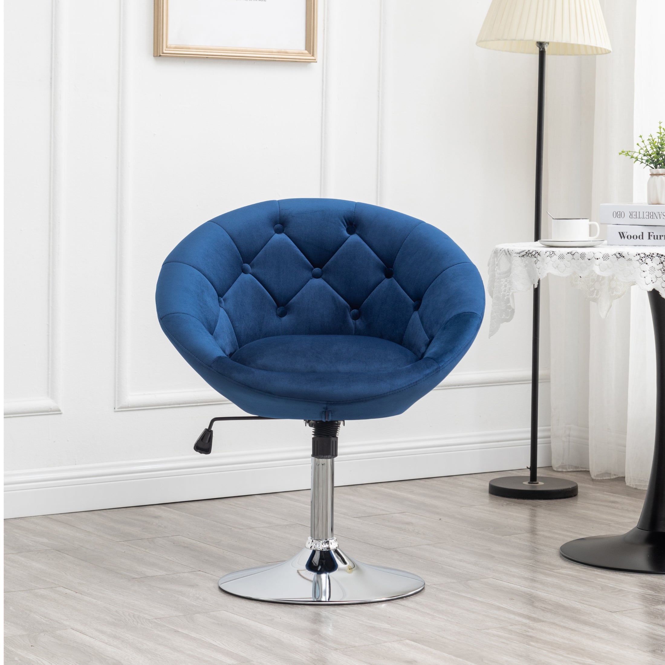 Roundhill Furniture Noas Velvet Upholstered Tufted Back Swivel Accent Chair - Blue Velvet Lounge Chair with 360° Rotation for Living Room, Bedroom & Office Decor