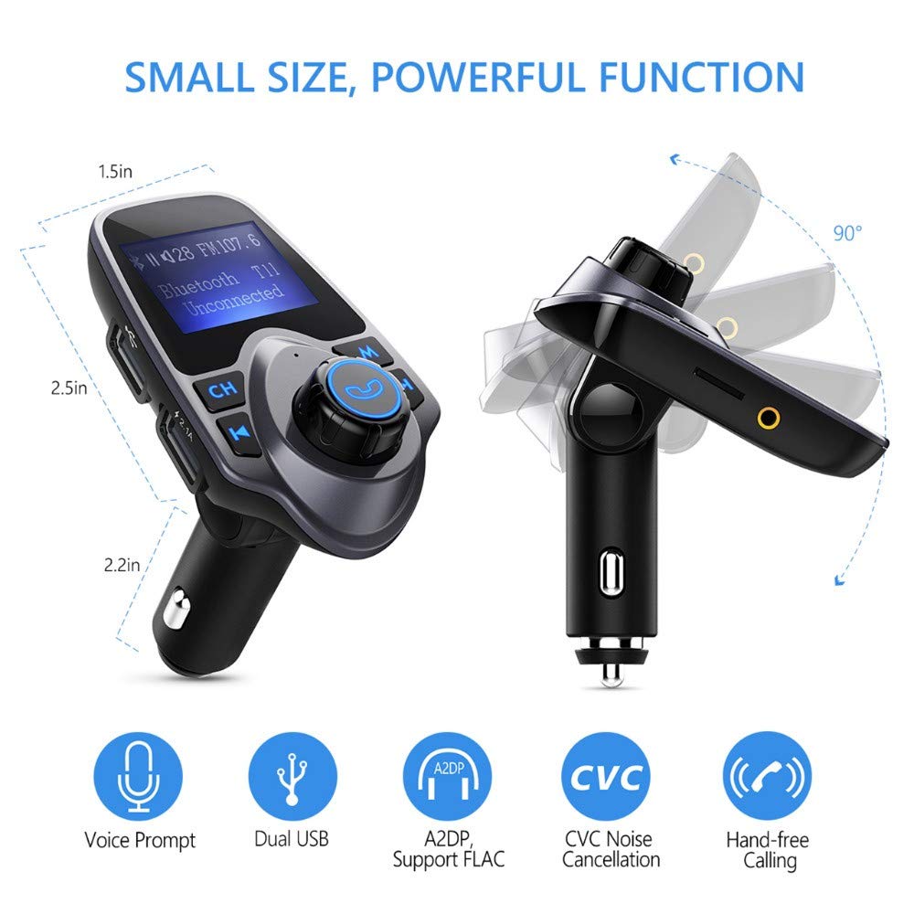 T11 Wireless Bluetooth FM Transmitter for Car - Hands-Free Car Kit with MP3 Player, Dual USB Charging Ports & Bluetooth Adapter | Perfect for Road Trips, Commuting & Music Streaming
