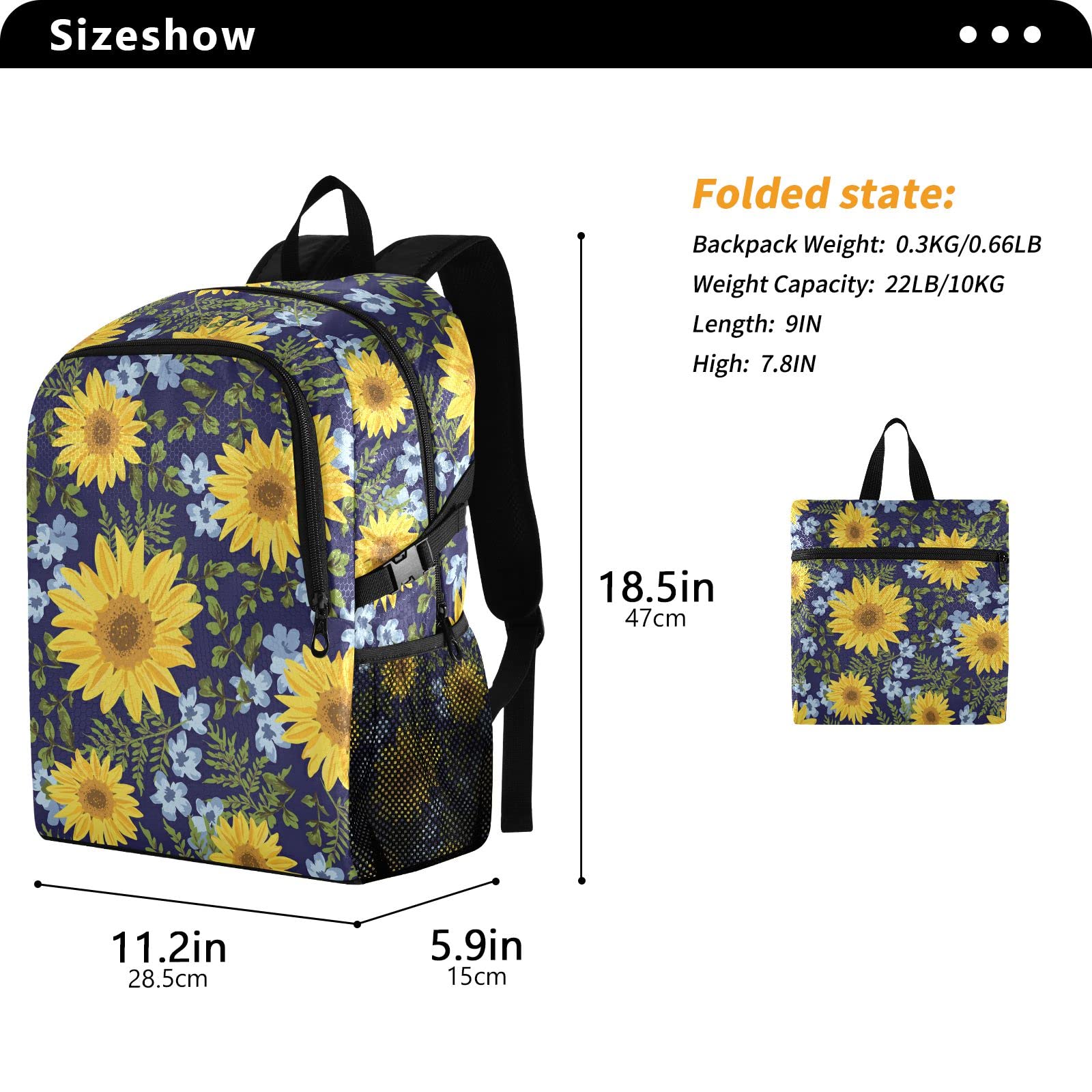 Lightweight Waterproof 20L Packable Backpack for Hiking, Travel & Camping | Sunflower Navy Daypack with Secure Pockets | Perfect for Outdoor Adventures & Daily Commute