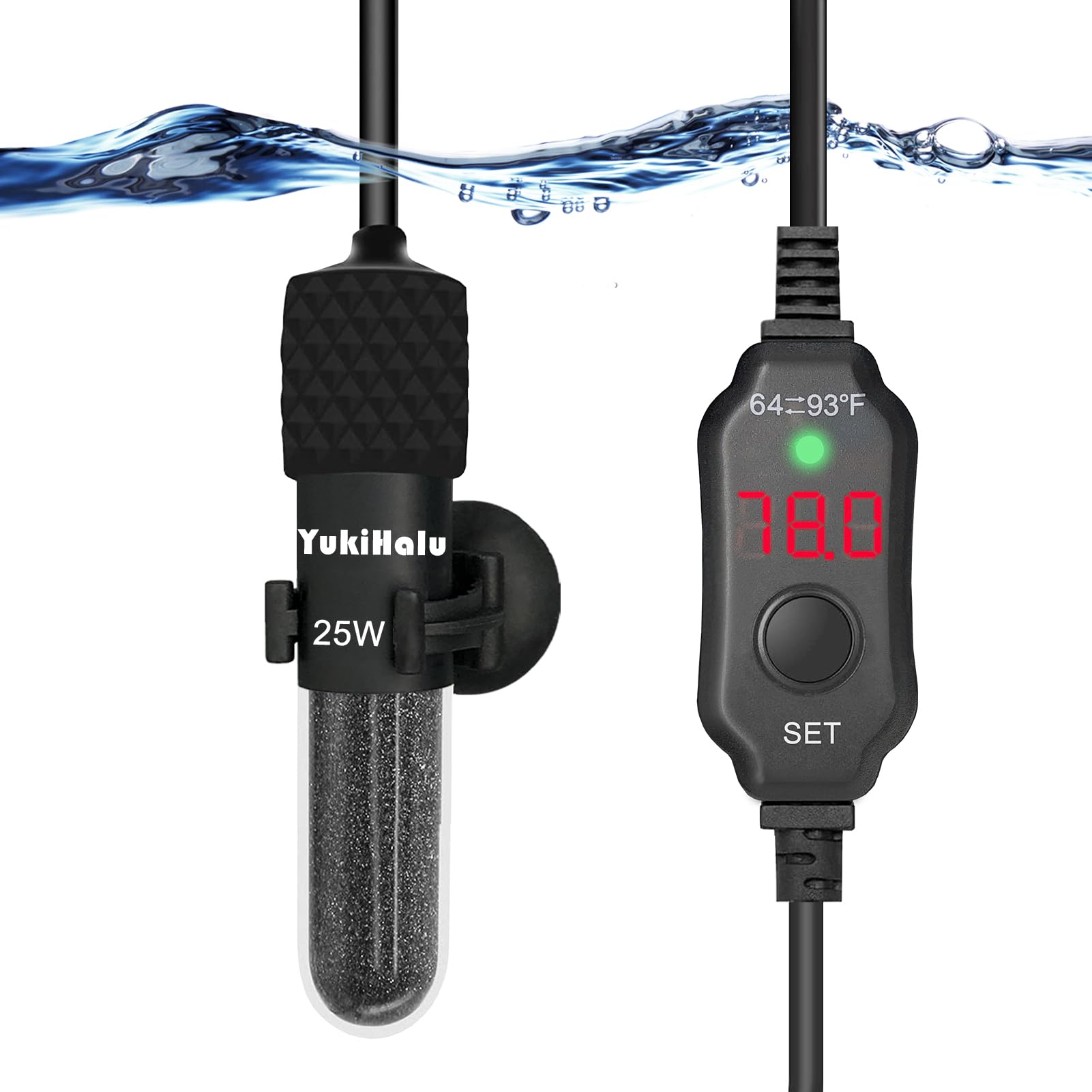 YukiHalu Small Submersible Aquarium Heater - Adjustable Mini Fish Tank Heater 25W 50W 100W 200W 300W with External Temperature Controller & LED Display for 5-60 Gallon Tanks (25W) - Perfect for Tropical Fish, Betta Tanks & Home Aquariums