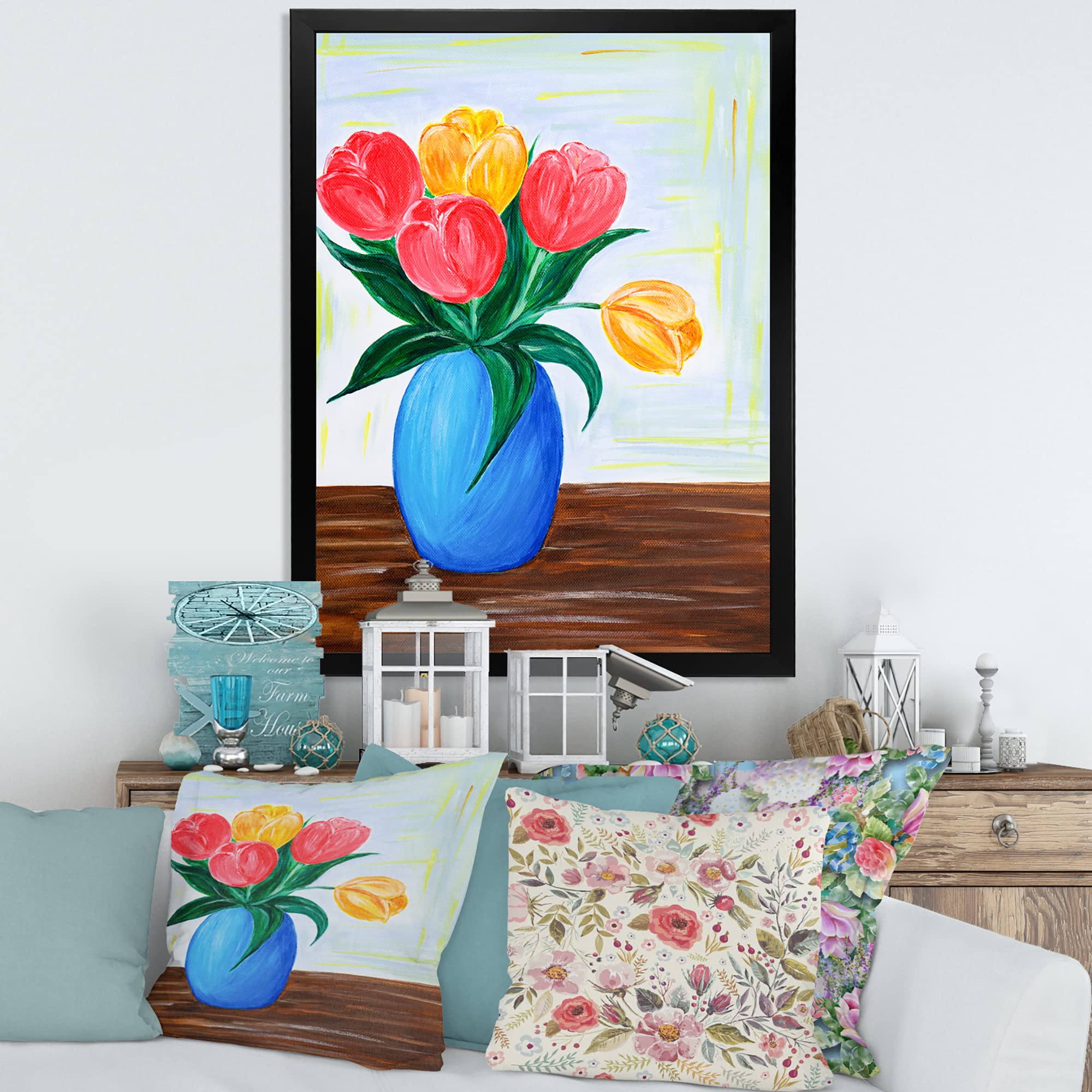 Red and Orange Tulips Bouquet in Vase - Traditional Framed Wall Art Decor for Living Room, Bedroom & Office