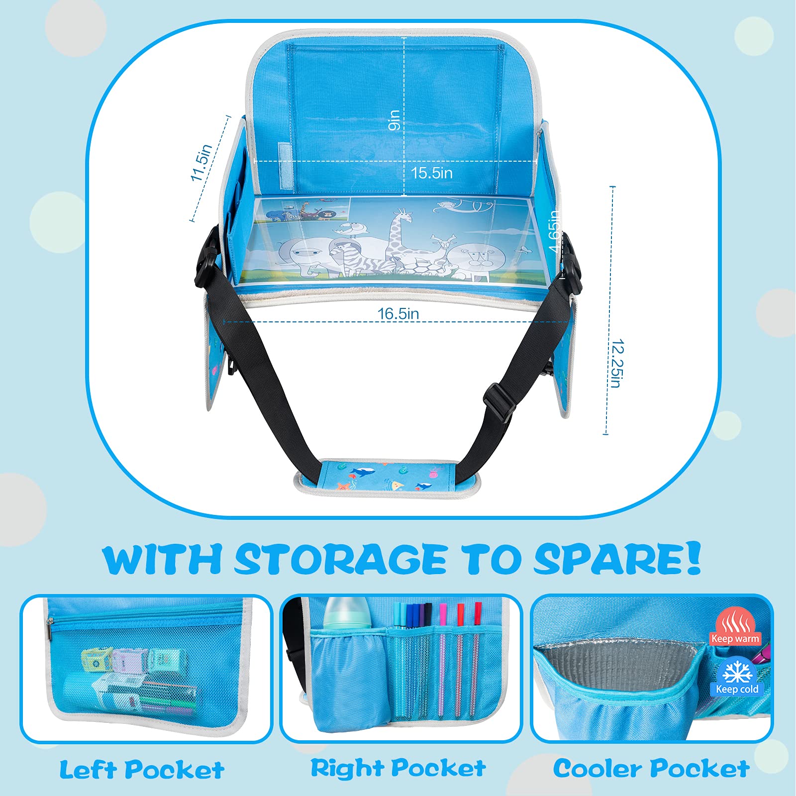 Kids Travel Tray with Dry Erase Board & Storage Pocket - 2 Pack (Blue & Pink) for Car Rides, Airplane Trips & Road Trips - Portable Activity Tray for Toddlers & Children