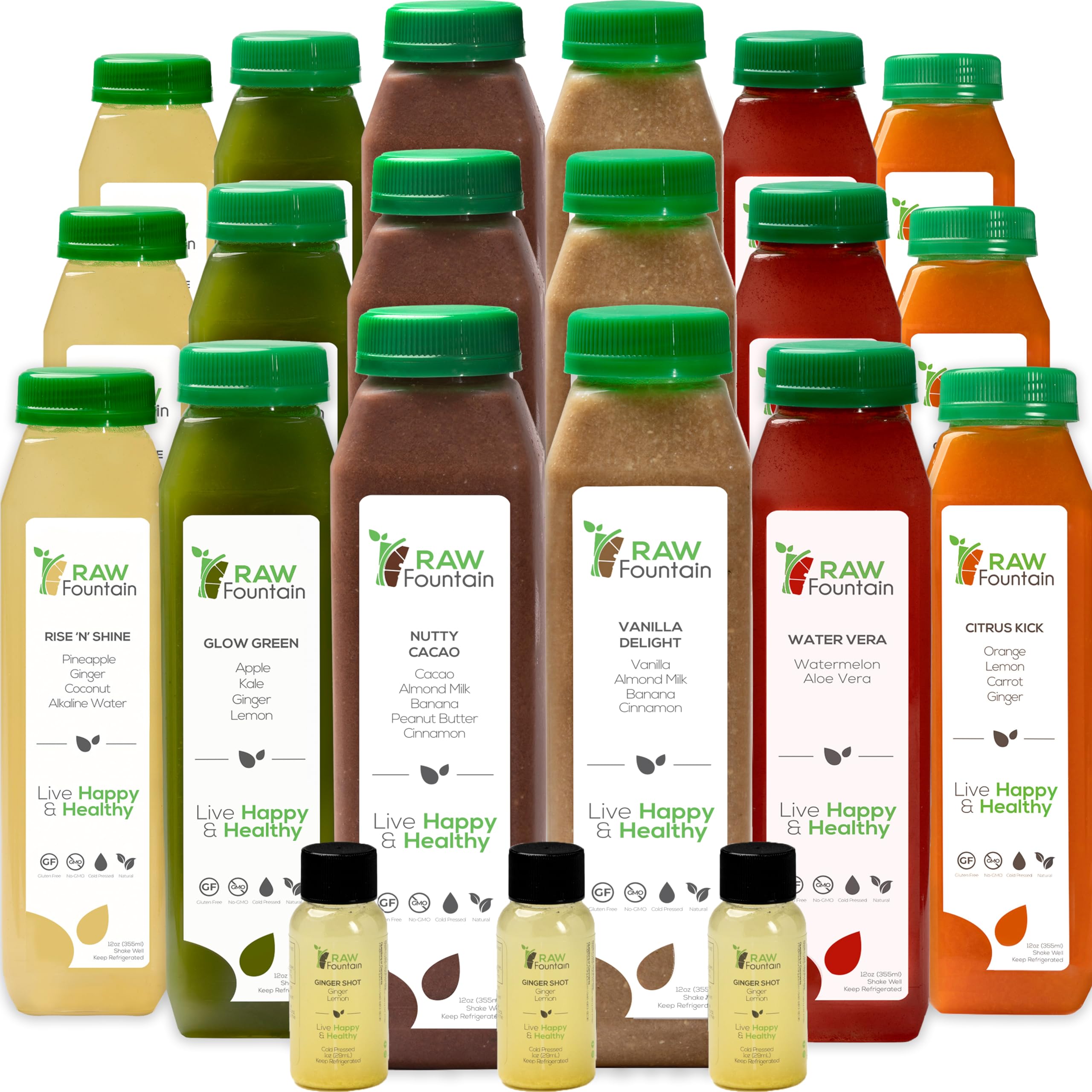 Raw Fountain 3-Day Protein Juice Cleanse - All Natural Cold Pressed Detox with Fruits, Vegetables, Vanilla & Chocolate Flavors (18x12oz Bottles + 3 Ginger Shots) | Tasty & Energizing for Weight Loss, Post-Workout Recovery & Healthy Lifestyle