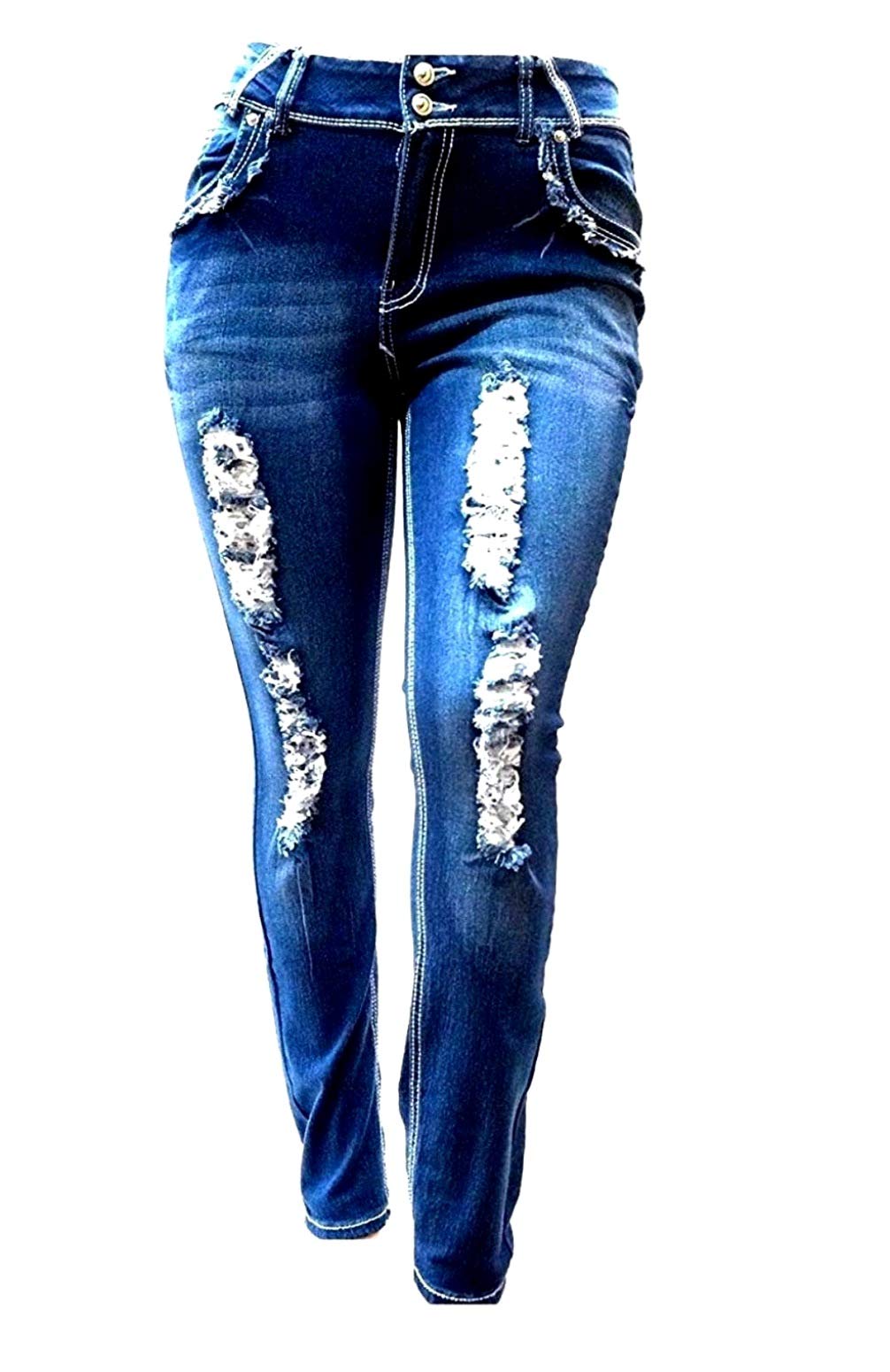 Jack David Women's Plus Size Distressed Ripped Destroyed Blue Denim Jeans - Skinny Bootcut Pants for Casual Wear & Street Fashion