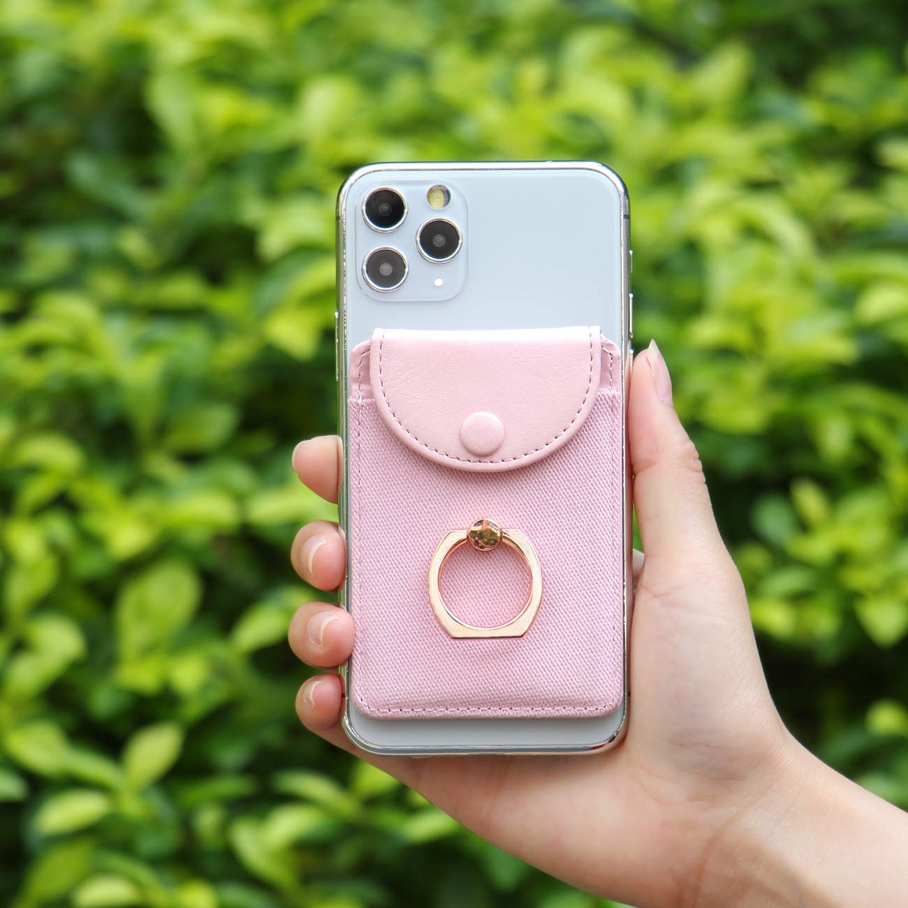 Ultra-Slim Self-Adhesive RFID Blocking Phone Wallet - Credit Card Holder with Ring Stand for iPhone & Samsung (Finger Ring Pink) | Perfect for Hands-Free Shopping, Commuting & Travel