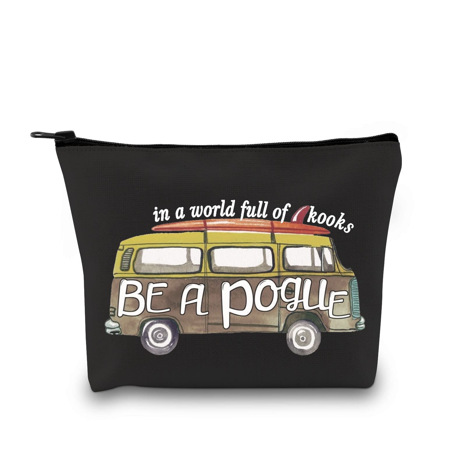 OBX Inspired Surf Van Travel Zipper Pouch - 'In A World Full of Kooks Be A Pogue' Makeup Bag (Black) | Perfect for Beach Trips, Surf Gear Storage & Travel Essentials