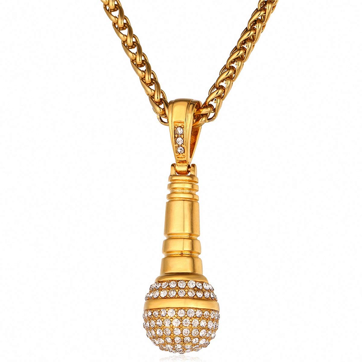 Stainless Steel Gold Rhinestone Microphone Pendant Ice Out Chain Necklace for Men & Women - Perfect for Concerts, Parties & Hip Hop Fashion
