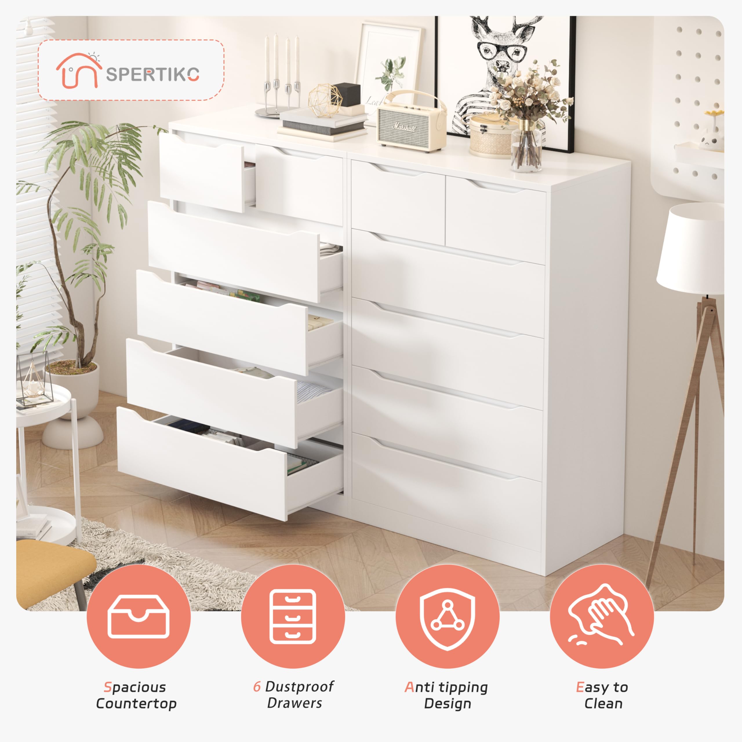 Modern White 6-Drawer Dresser for Bedroom - Tall Chest of Drawers with Large Storage Space - Perfect for Bedroom, Corridor & Living Room - 27.5