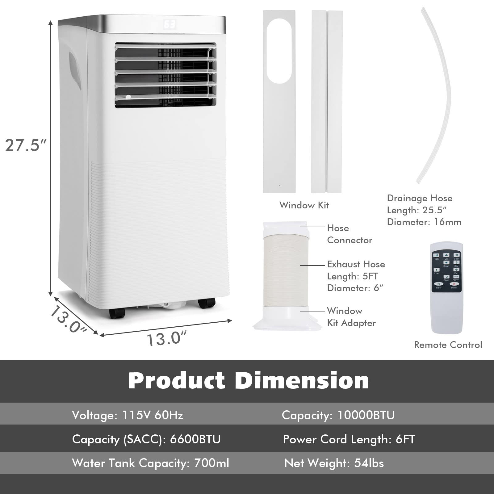 GOFLAME 10000BTU Portable Air Conditioner - 3-in-1 Cooling Fan, Dehumidifier & Air Cooler with Remote Control, Sleep Mode, 2 Speed Settings & 24H Timer - Includes Window Kit for Home, Office, Bedroom & Small Spaces (White) - Perfect for Summer Cooling, Hot Rooms & Energy Efficient Climate Control