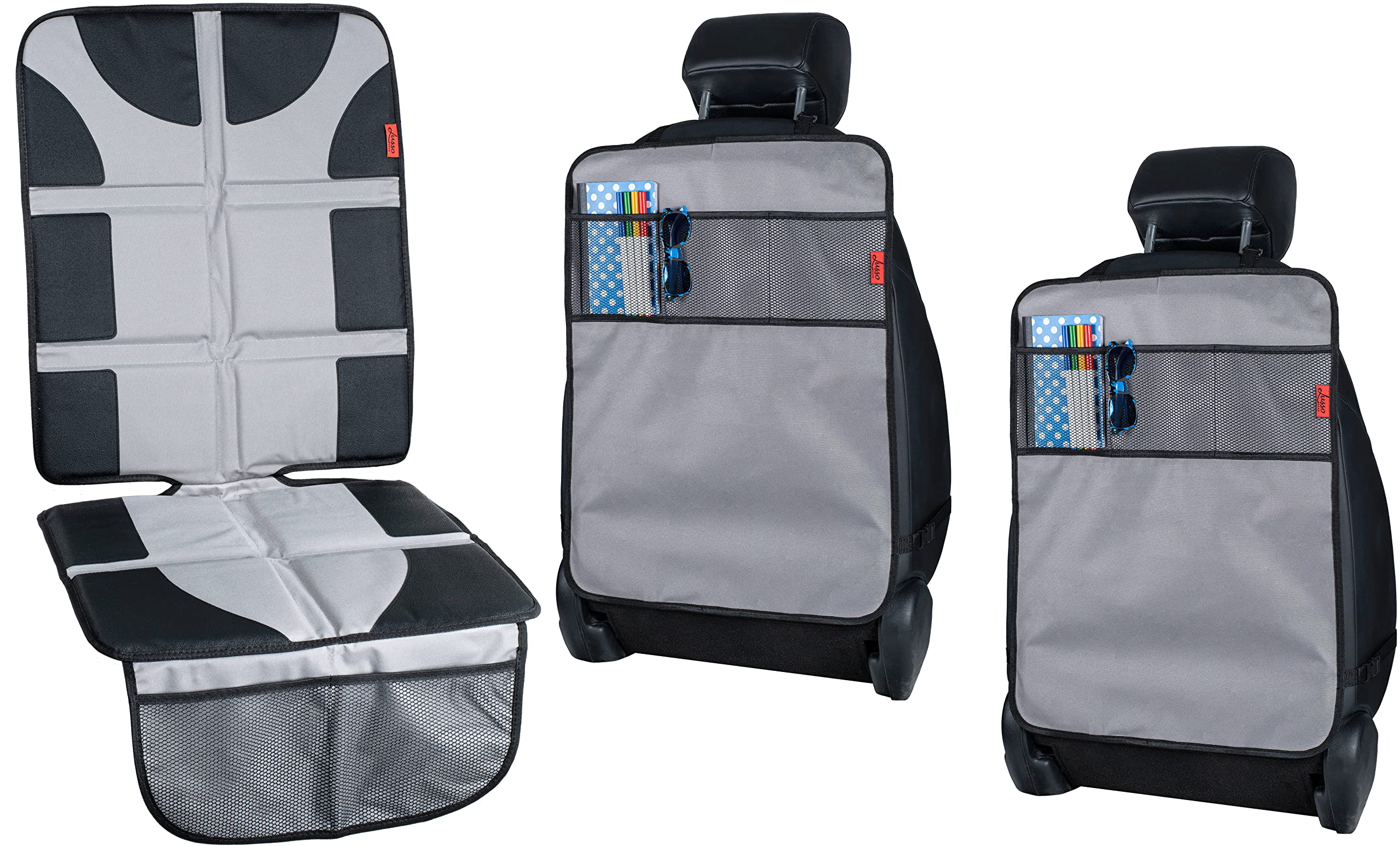 Lusso Gear Waterproof Car Seat Protector (Gray) + 2 Heavy Duty Kick Mats - Premium Oxford Fabric for Leather & Fabric Seats | Travel Essentials for Family Road Trips & Daily Commute