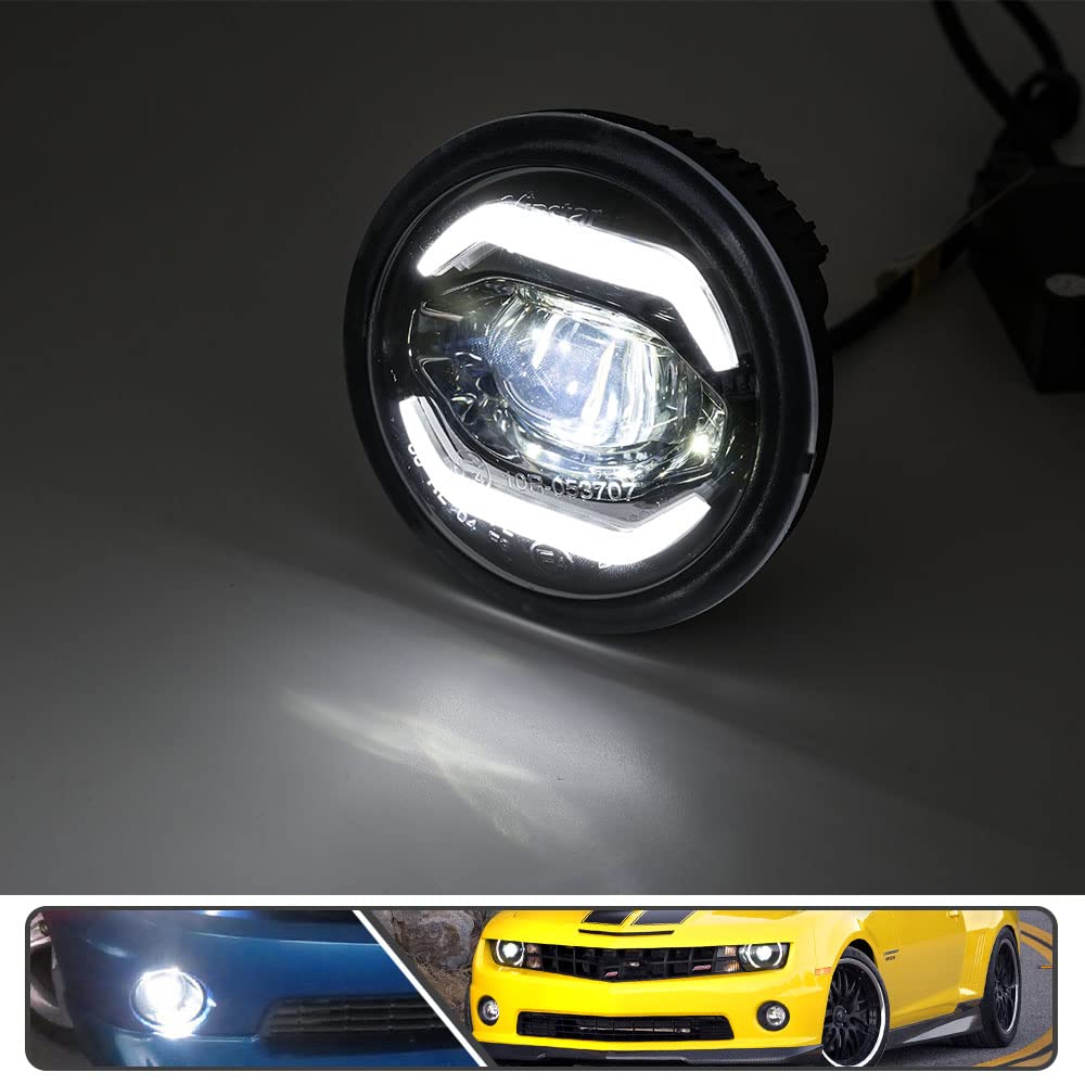 2Pcs White LED Fog Lights Daytime Running Lights (DRL) for Chevy Camaro 2010-2013 - Smoked Lens Round LED Fog Lamps - Perfect for Night Driving & Enhanced Visibility in Foggy Conditions