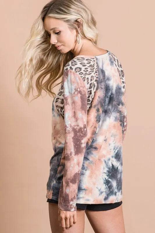 BiBi Tie Dye Distressed Knit Top with Leopard Shoulder - Trendy Women's Vintage Style Sweater for Casual Outings & Streetwear Fashion