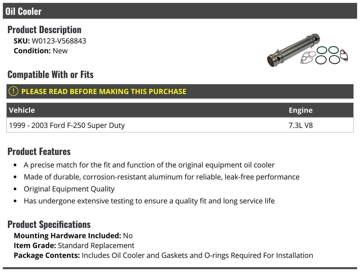 Ford F-250 Super Duty 7.3L V8 Turbo Diesel Oil Cooler Kit with Gaskets & O-Rings (1999-2003) - Engine Cooling System Replacement for Improved Performance & Heat Dissipation