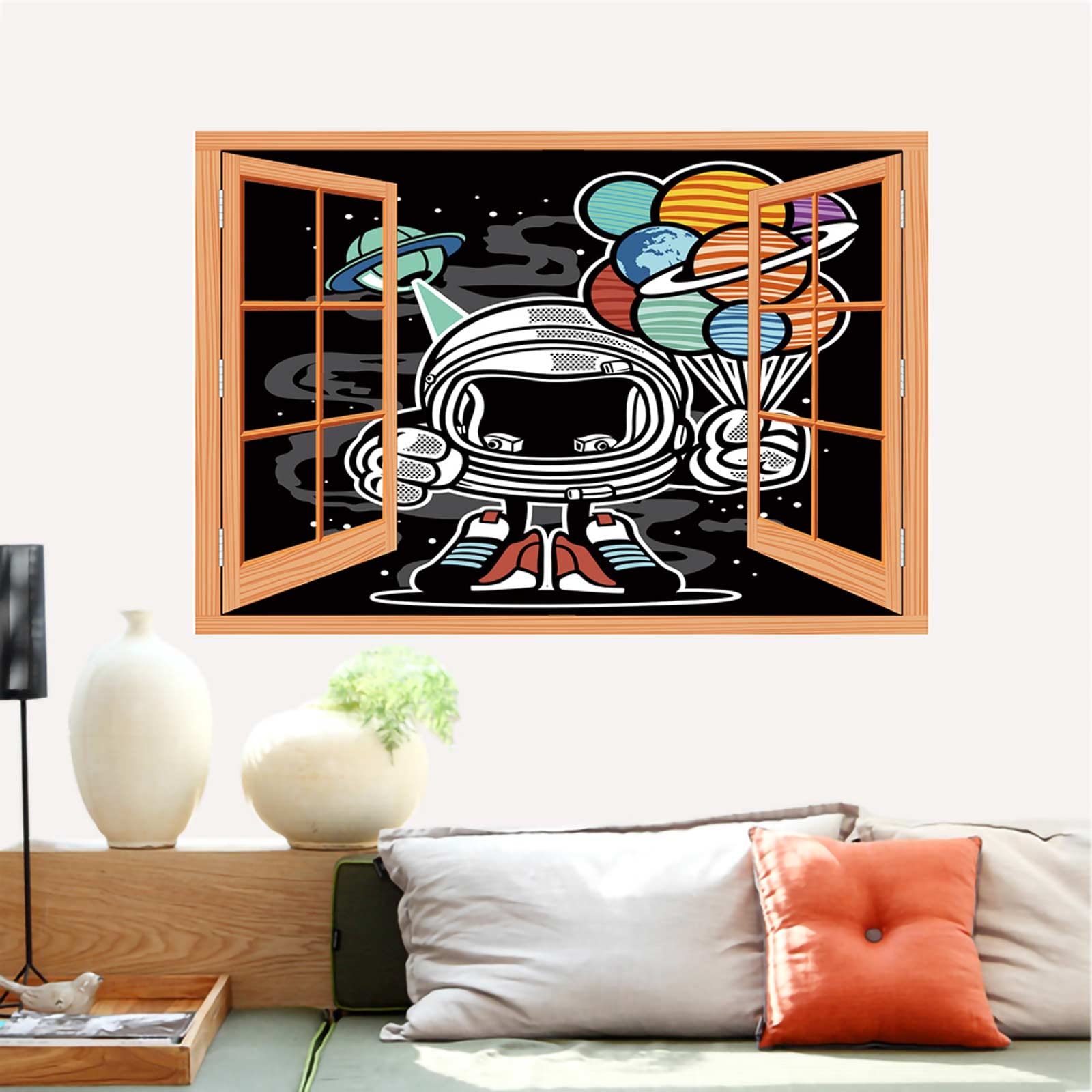 Robot in Space Cartoon Wall Mural - Removable Wall Sticker with Planets, UFO & Balloons - 24