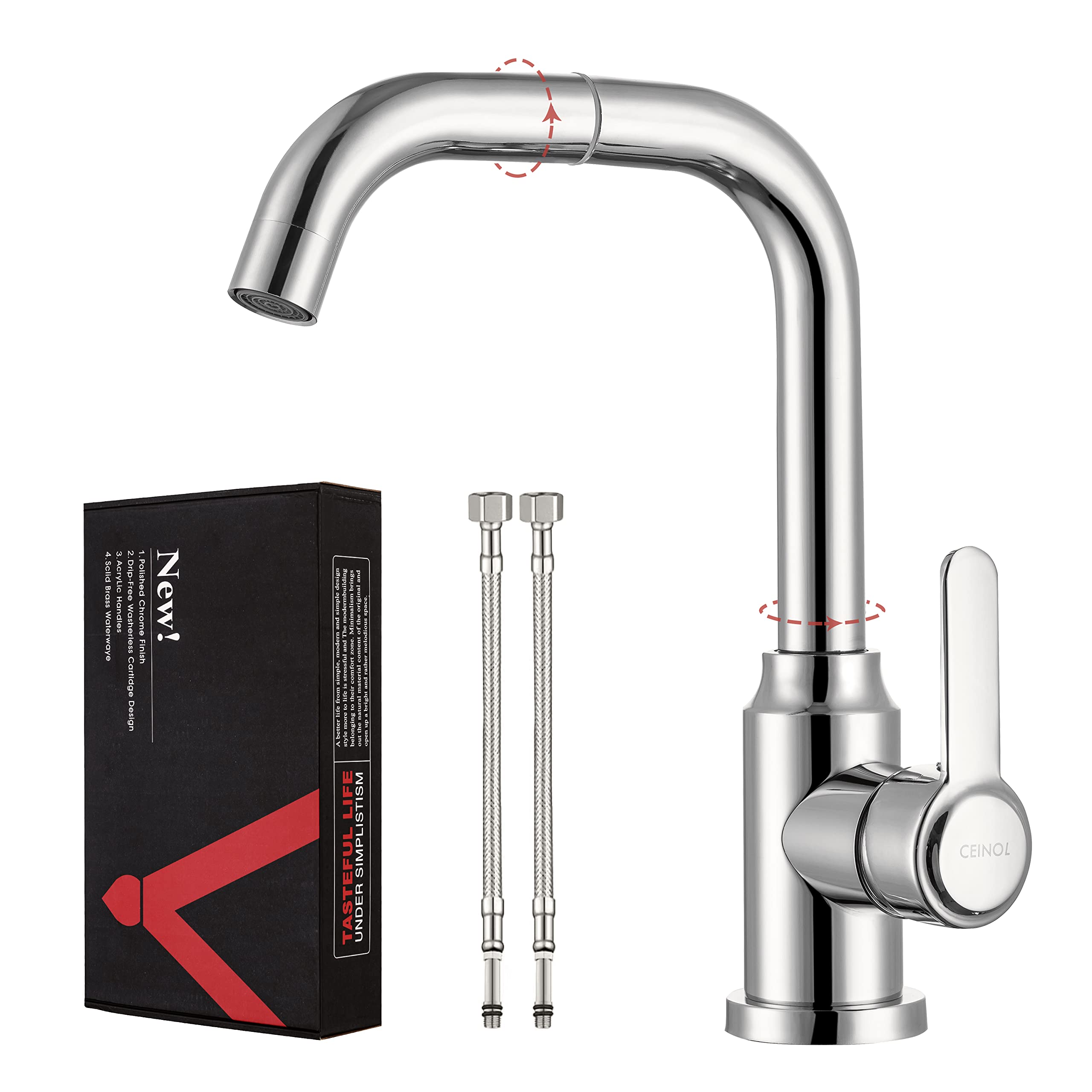 CEINOL Modern Single Handle Bathroom Sink Faucet - 1 Hole Chrome Vanity Faucet with 360° Rotating Spout - Perfect for Bathroom, Powder Room & Guest Bath Installation
