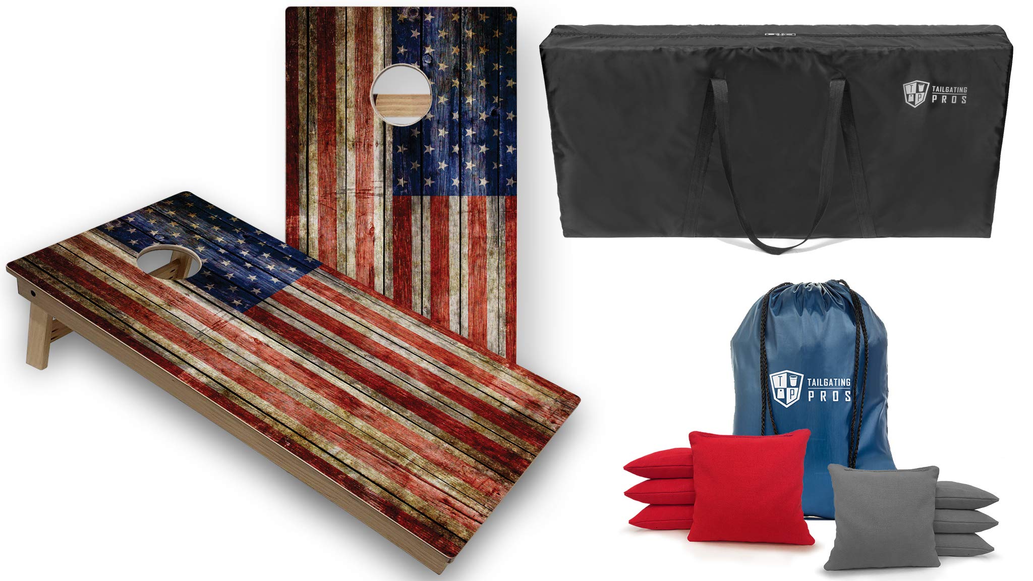Tournament Grade Cornhole Game Set - 2 Professional 4'x2' Rustic Flag Cornhole Boards, Carrying Case & 8 Bags (LED Lights Optional) | Perfect for Backyard Parties, Tailgating & Outdoor Events