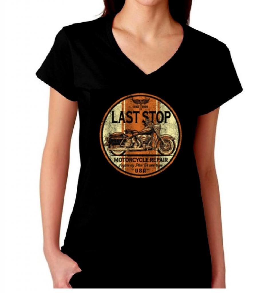 Lucky Ride Last Stop Motorcycle Repair Women's V-Neck T-Shirt - Black Biker Tee for Motorcycle Enthusiasts & Road Trips
