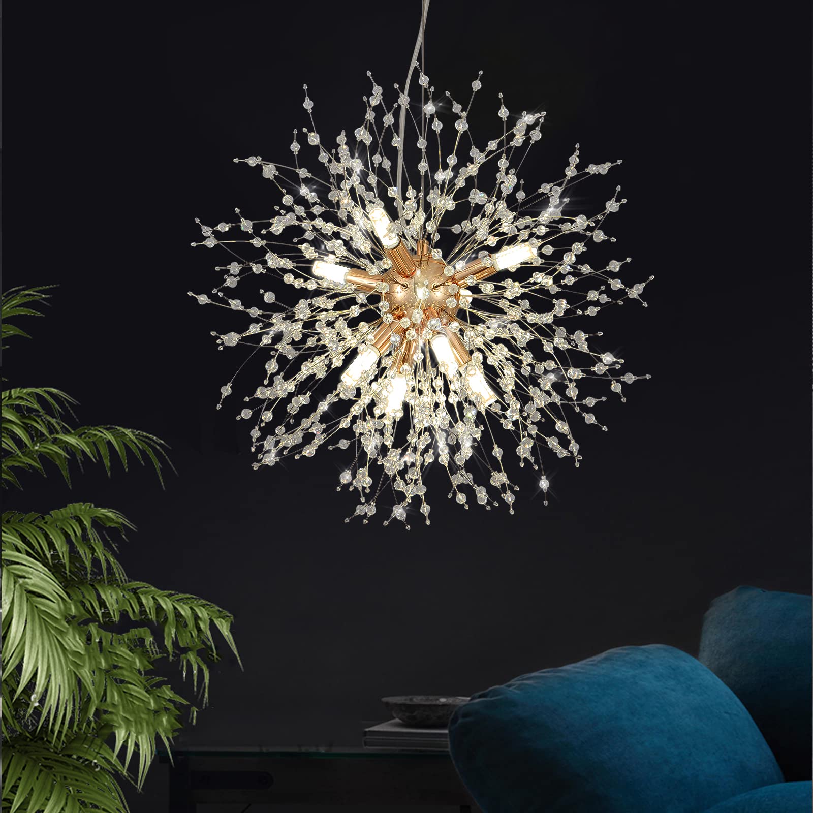 Modern Crystal Chandelier Firework - 8-Light Gold Dandelion Sputnik Ceiling Light Fixture for Bedroom, Living Room, Dining Room, Kitchen Island & Hallway - Elegant Lighting for Home Decor & Special Occasions