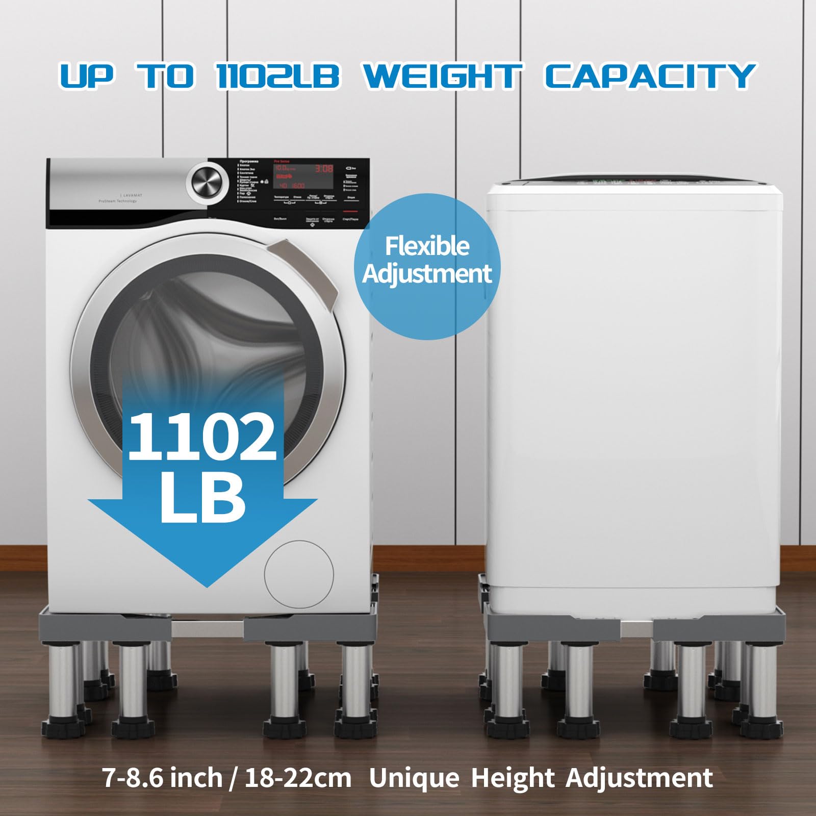 SEISSO Adjustable Mini Fridge Stand with 12 Stainless Steel Feet - Heavy Duty 1100LB Capacity Base for Refrigerators, Washing Machines & Dryers (7-8.6 Inch Height, Grey) - Perfect for Laundry Rooms, Basements & Small Apartments