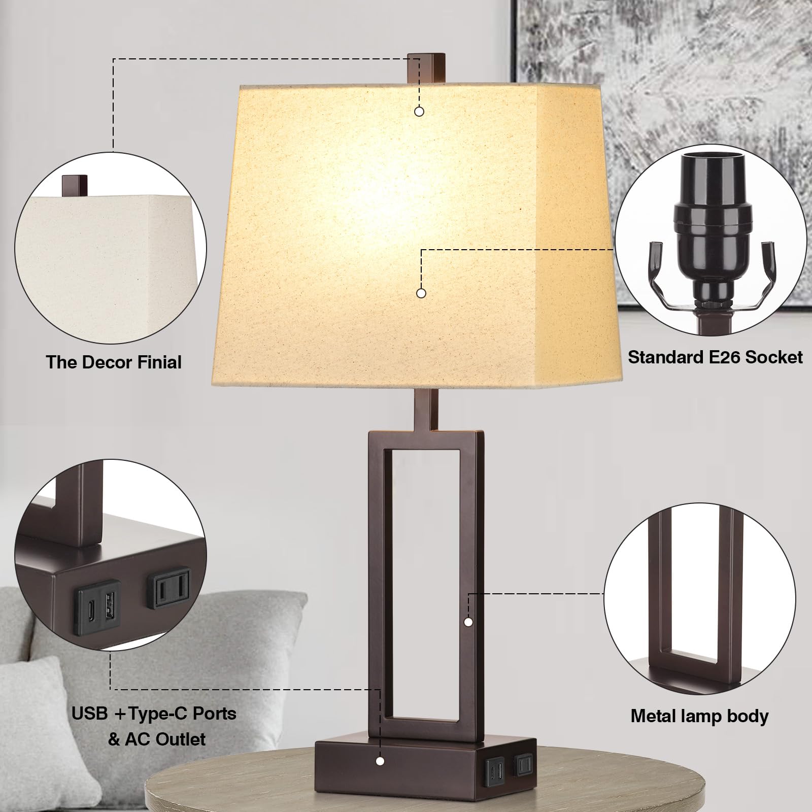 Modern Touch Control Table Lamps Set of 2 - Brown USB A+C Charging Bedside Lamps with AC Outlet & 3-Way Dimmable LED Lighting - Perfect for Bedroom Nightstands & Living Room End Tables (LED Bulbs Included) | Ideal for Reading, Working & Creating Cozy Ambiance