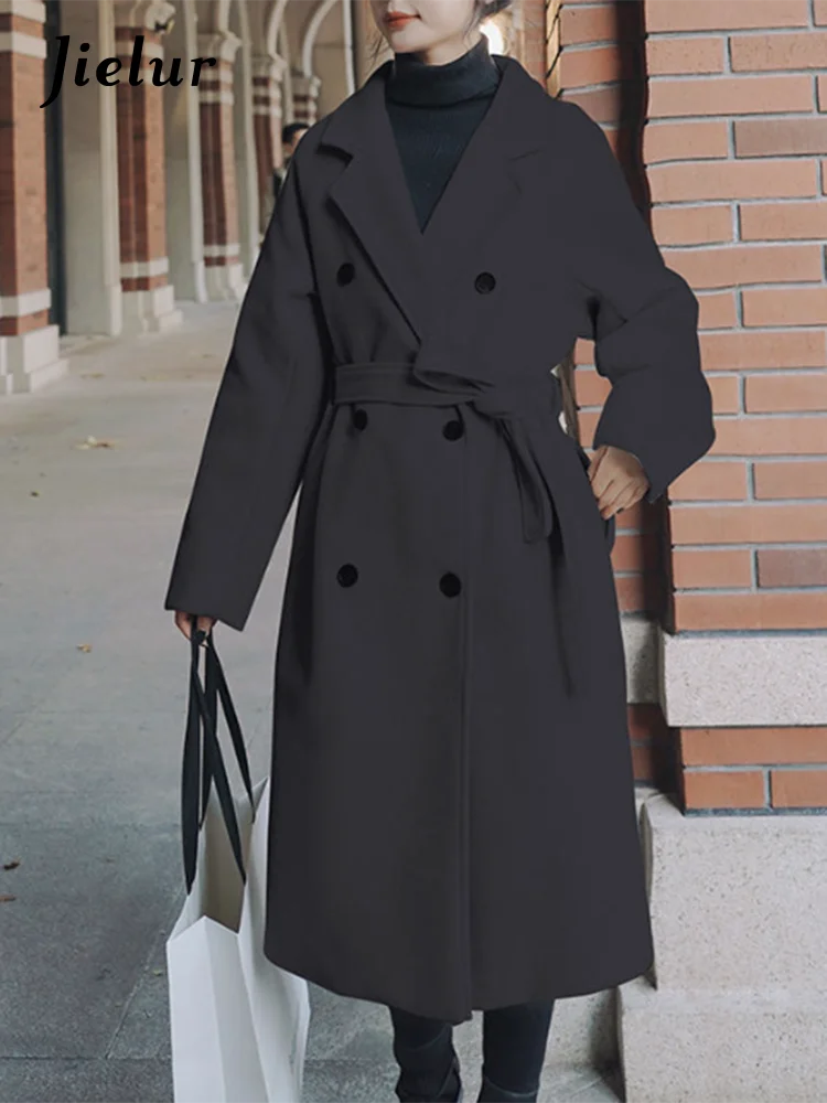 Women's Black Lace-Up Wool Overcoat - Double Breasted Long Winter Coat for Women, Thick Warm Oversized Loose Fit Outerwear | Perfect for Fall, Winter & Formal Occasions