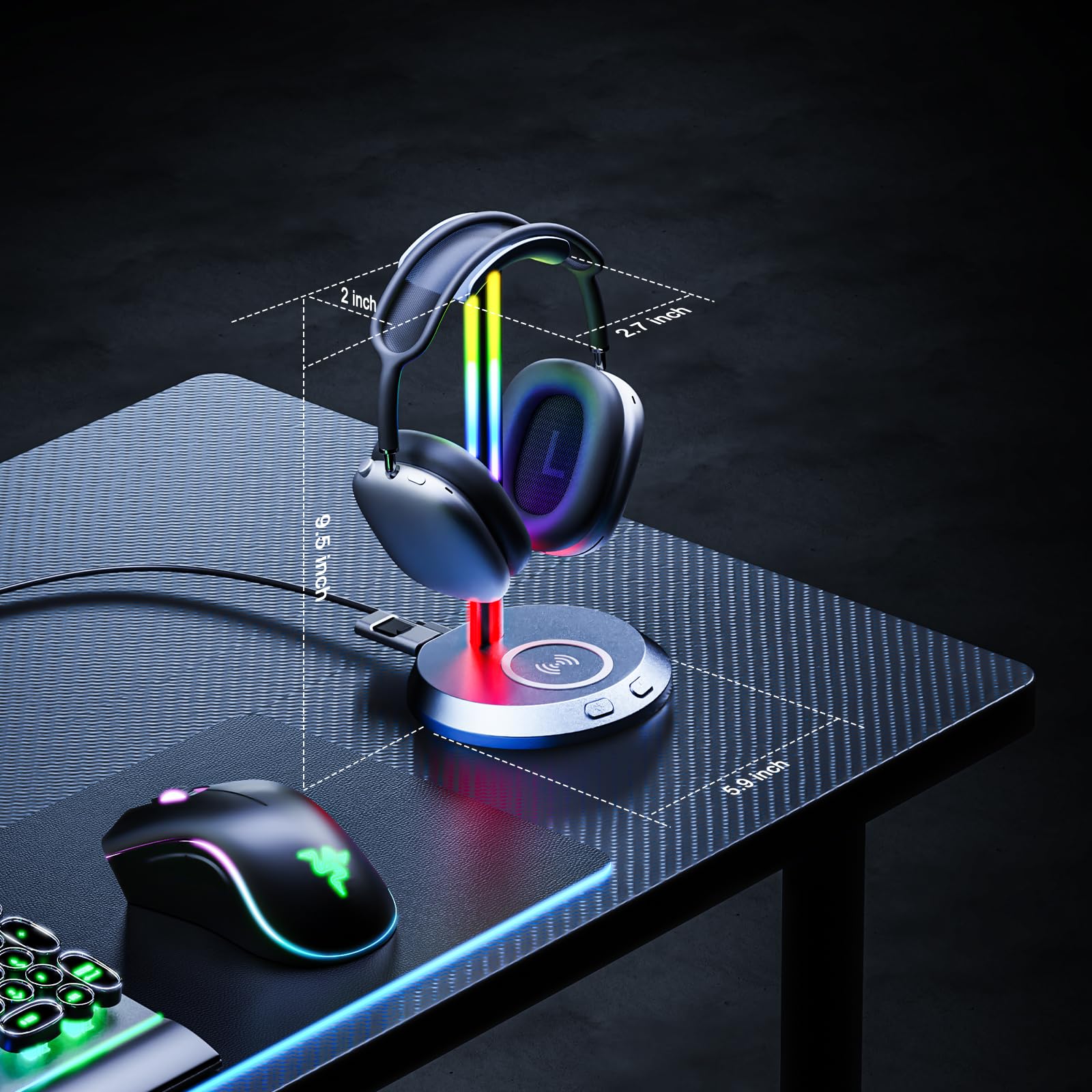 Premium RGB Gaming Headphone Stand with 15W Fast Wireless Charger & 3-Port Hub (2 USB-C + 1 USB) - Weighted Non-Slip Base for All Headsets - Perfect for Gaming Setup & Office Desk Organization