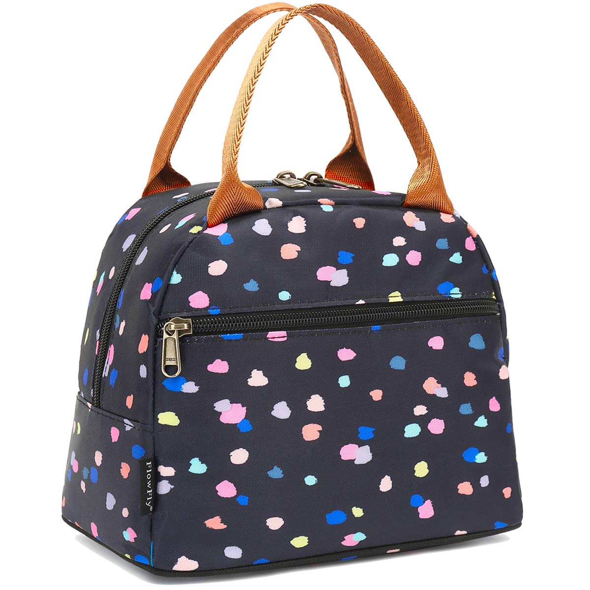 FlowFly Insulated Lunch Bag Tote - Reusable Cooler Lunch Box for Women & Men, Black Floral Design - Perfect for Work, School, Picnics & Outdoor Activities
