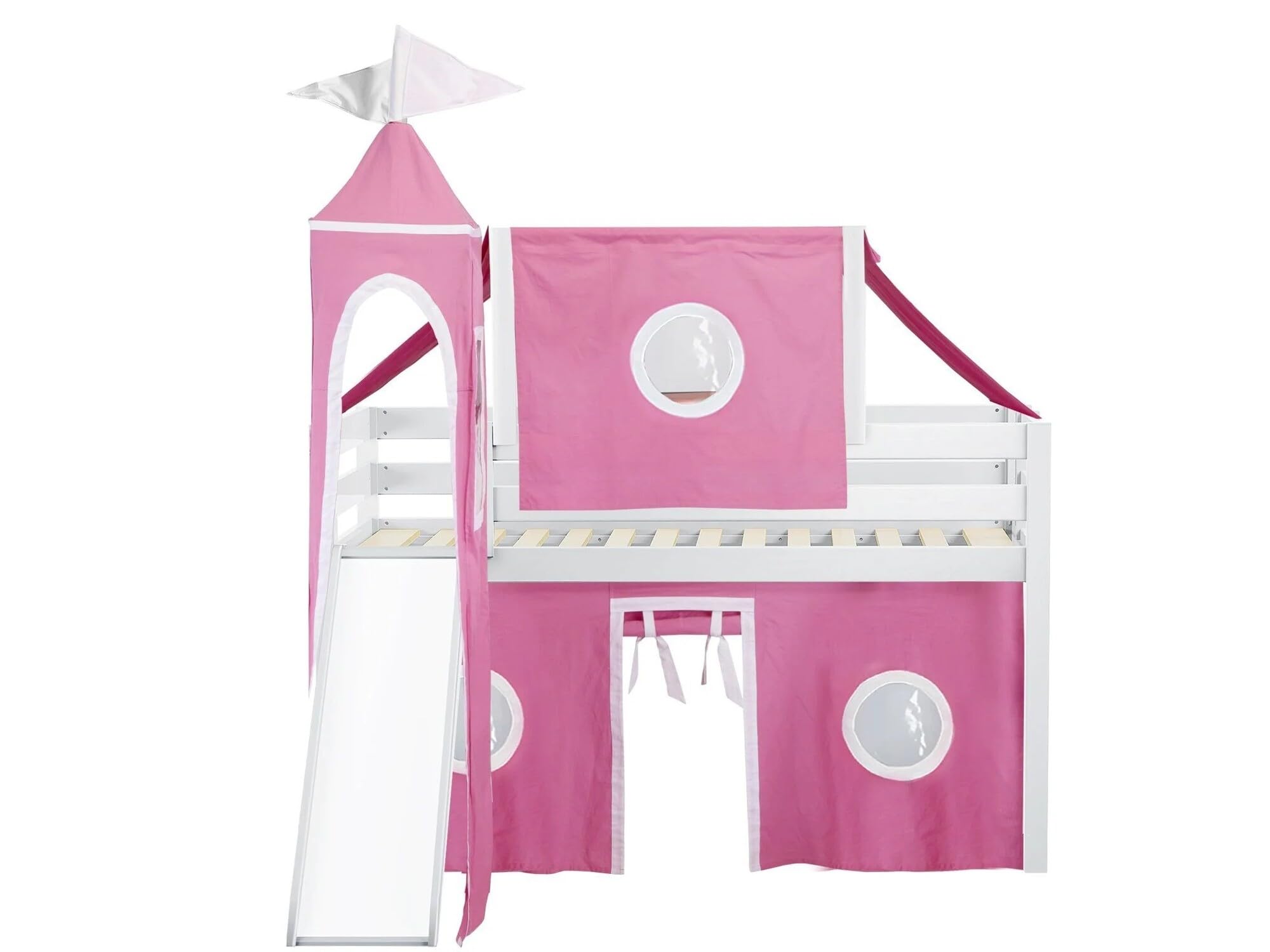 Princess Low Loft Bed with Slide - Pink & White Twin Size Tent & Tower Playhouse - Perfect for Kids' Bedroom & Playroom Decor