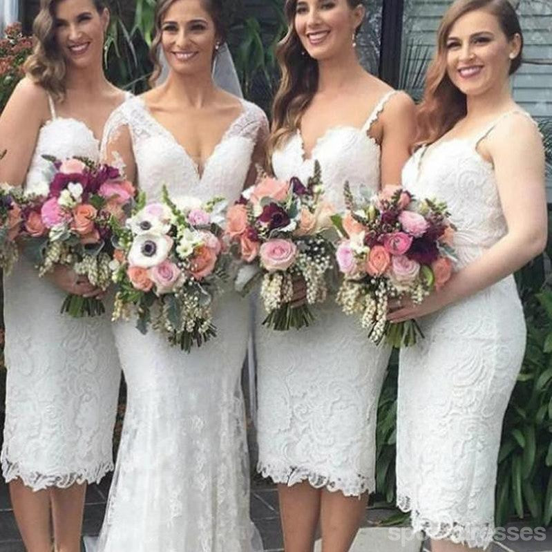 Elegant Mermaid Lace Spaghetti Strap Short Bridesmaid Dresses - WG798 | Affordable Wedding Party Gowns for Beach, Garden & Formal Events
