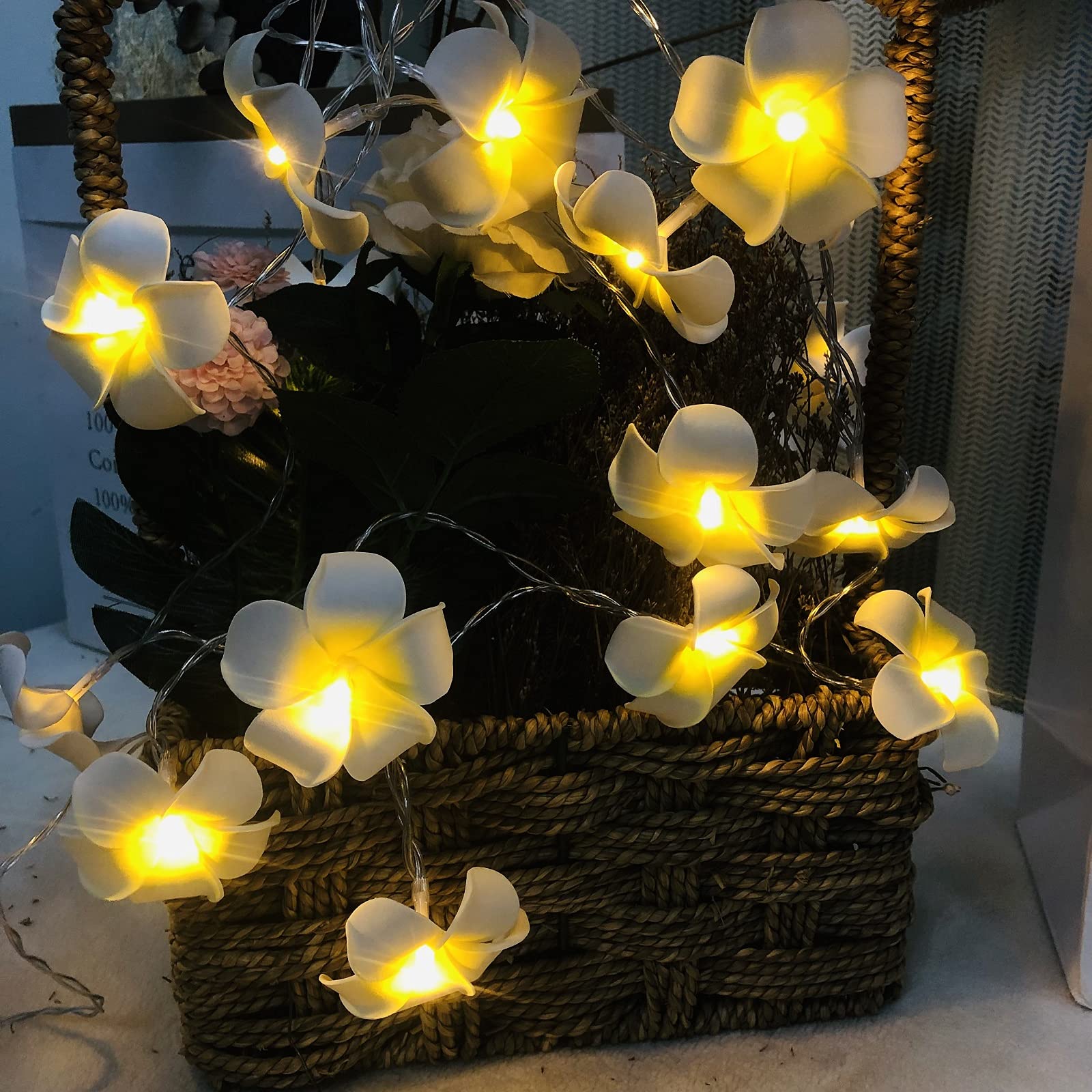 Battery Powered Artificial Plumeria String Lights - 20LED White Frangipani Flower Garland for Wedding, Beach Party, Garden & Patio Decor - Waterproof Fairy Lights for Outdoor & Indoor Use