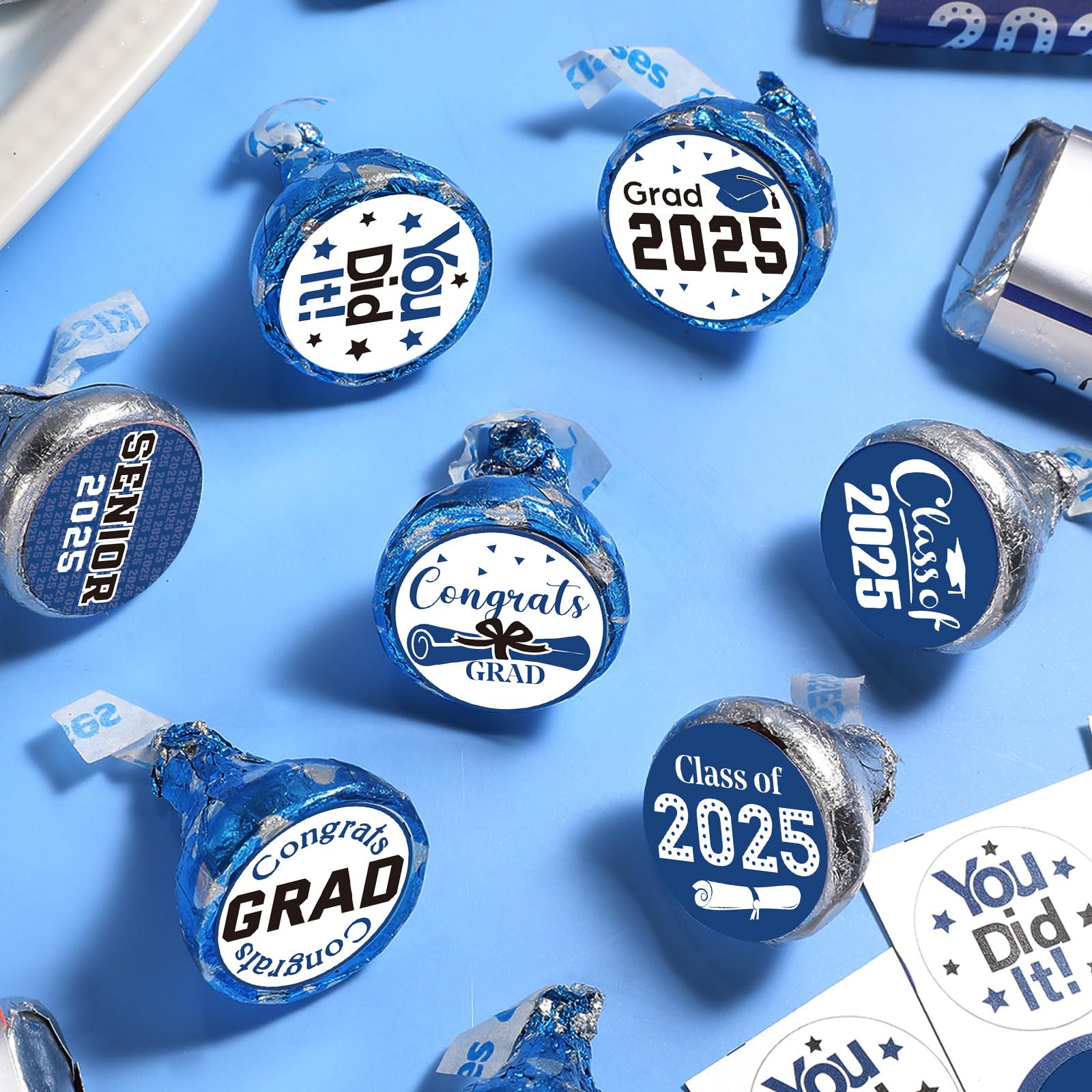 Chinco 504-Piece 2025 Graduation Stickers Set - Congrats Grad Senior Class of 2025 Party Supplies - Candy Labels & Chocolate Stickers for High School, College, Doctorate Graduation Celebrations (Blue) - Perfect for Graduation Party Decorations, Gift Wrapping & Dessert Toppers