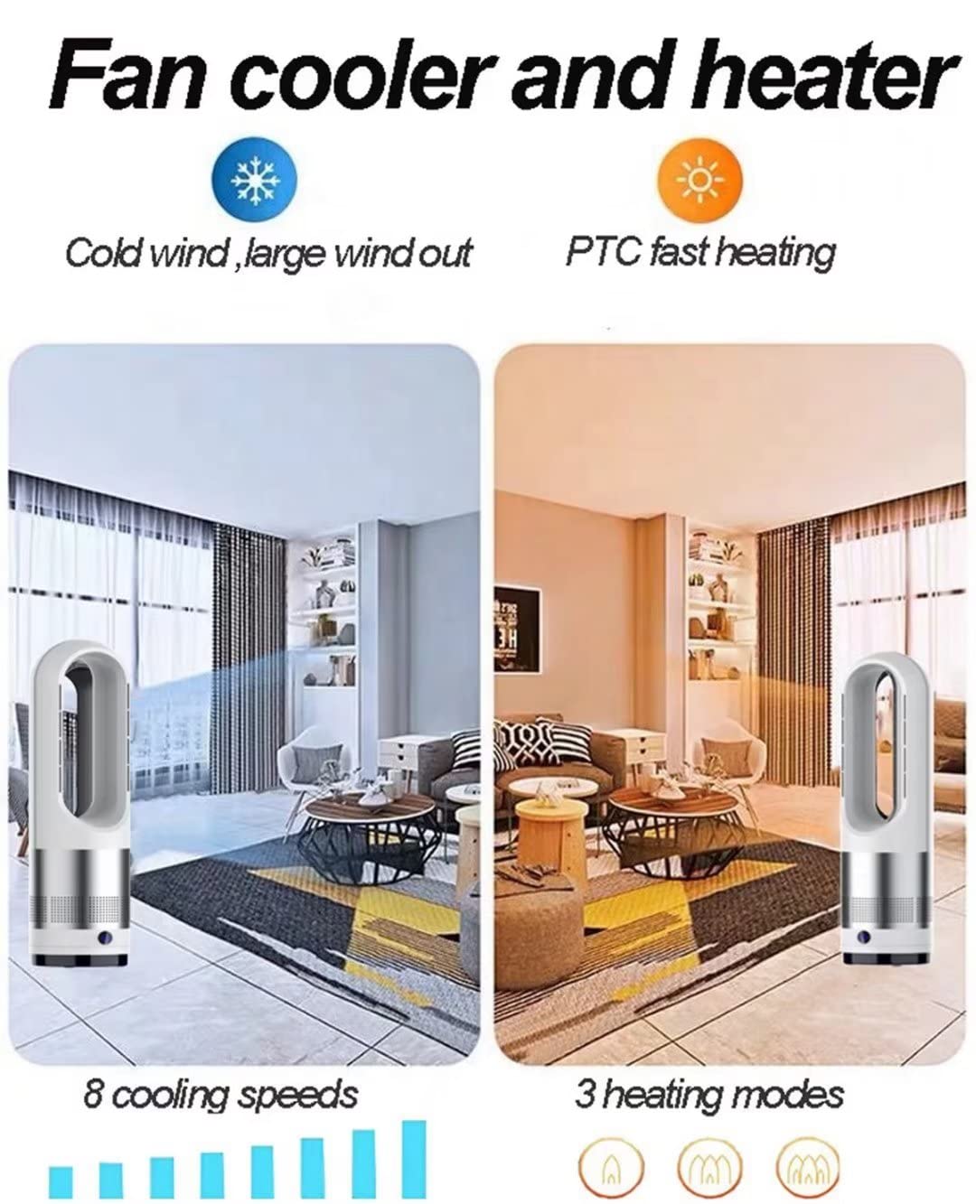 1400W Bladeless Heater Fan & Tower Fan - 8 Speed Adjustable, 80° Oscillating Air Circulator with Remote Control, LED Display & Silent 8-Hour Timer - Perfect for Home, Office, and Bedroom Cooling & Heating